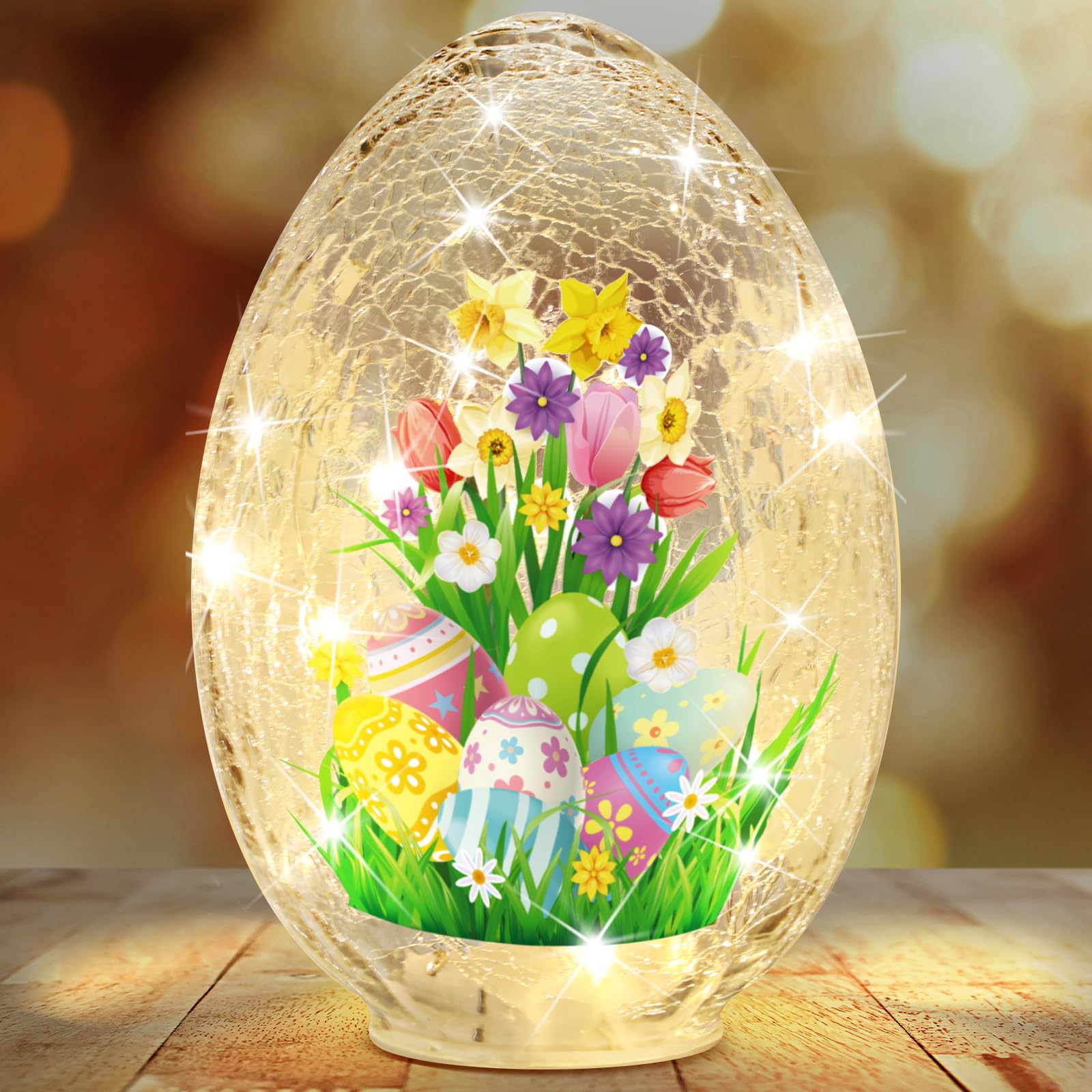 Glooglitter 5.75 x 5.25 x 8.25 Easter Egg Balls Crackle Glass Night Light Illuminated Sphere Glowing Orb Decorative Battery Op