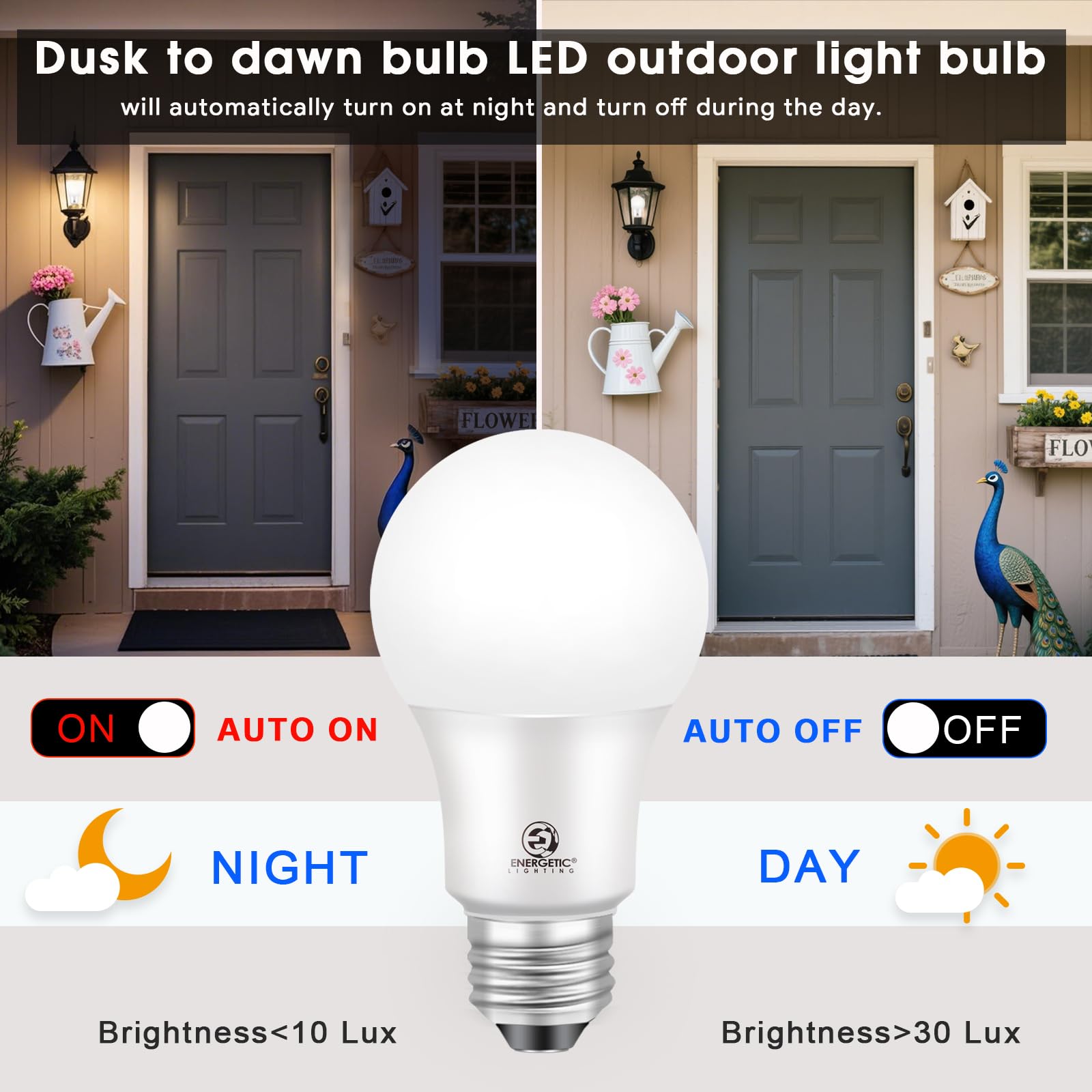 E ENERGETIC LIGHTING Dusk to Dawn LED Outdoor Light Bulb, 9W 1100 Lumens, Warm White 3000K, E26 Base, Automatic On/Off