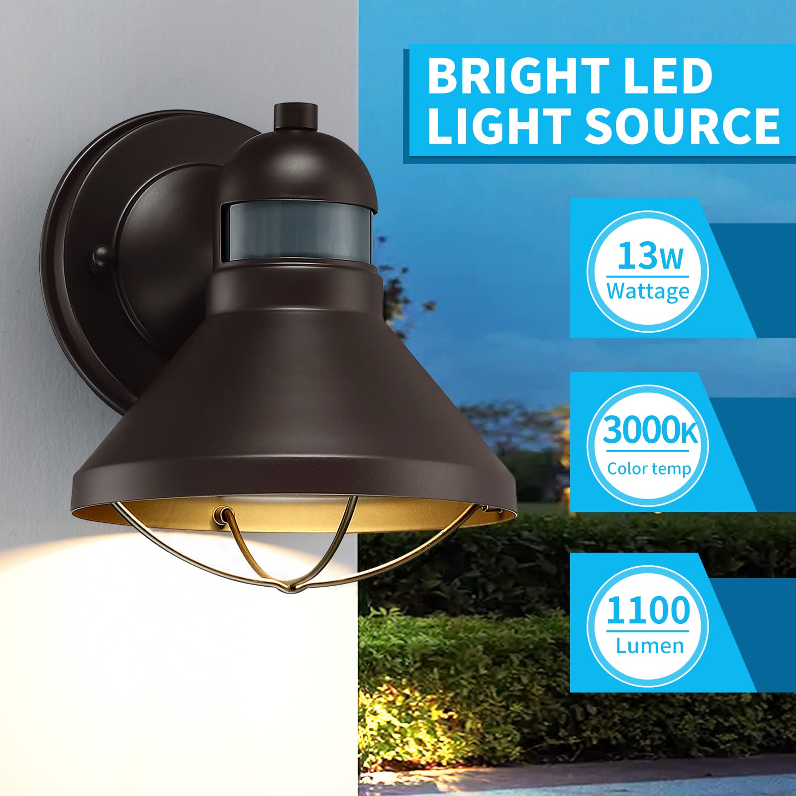 LONEDRUID Outdoor LED Wall Sconce, Motion Sensor, 2 Pack, Bronze, Dusk to Dawn, Wall Mount Barn Light for Patio and Front Door