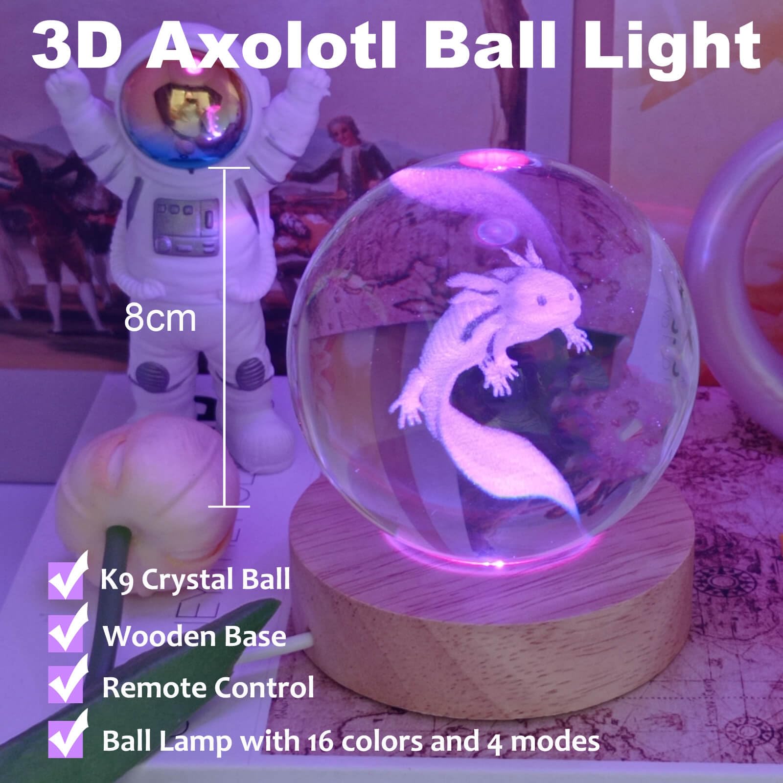 LINSINA Axolotl Crystal Ball Night Light Lamp, 3D K9 Glass, 16 Colors, 3.15in, Wooden Base, Remote Control, Model lamp-01