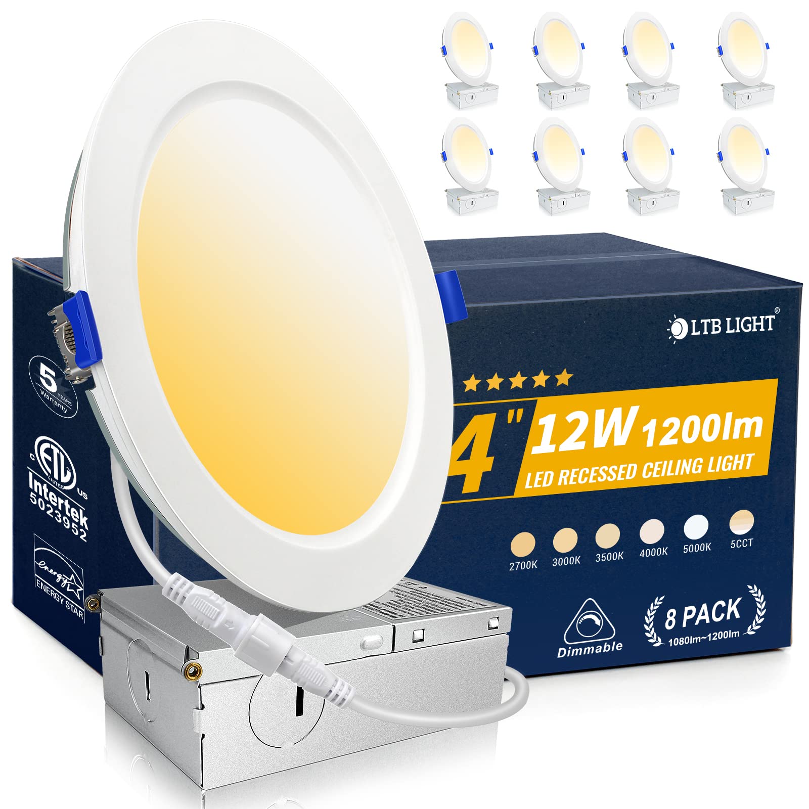 LTBLIGHT 8 Pack Recessed Lighting 4 inch, 5000K Ultra-Thin LED Canless Recessed Lighting, Retrofit Dimmable Recessed Lights, 120