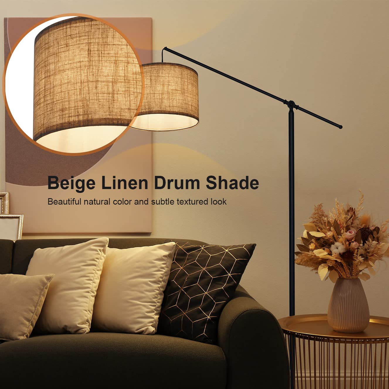 Suraielec Arc Floor Lamp - Adjustable Overhang Design, Linen Shade, Black Metal, Foot Switch