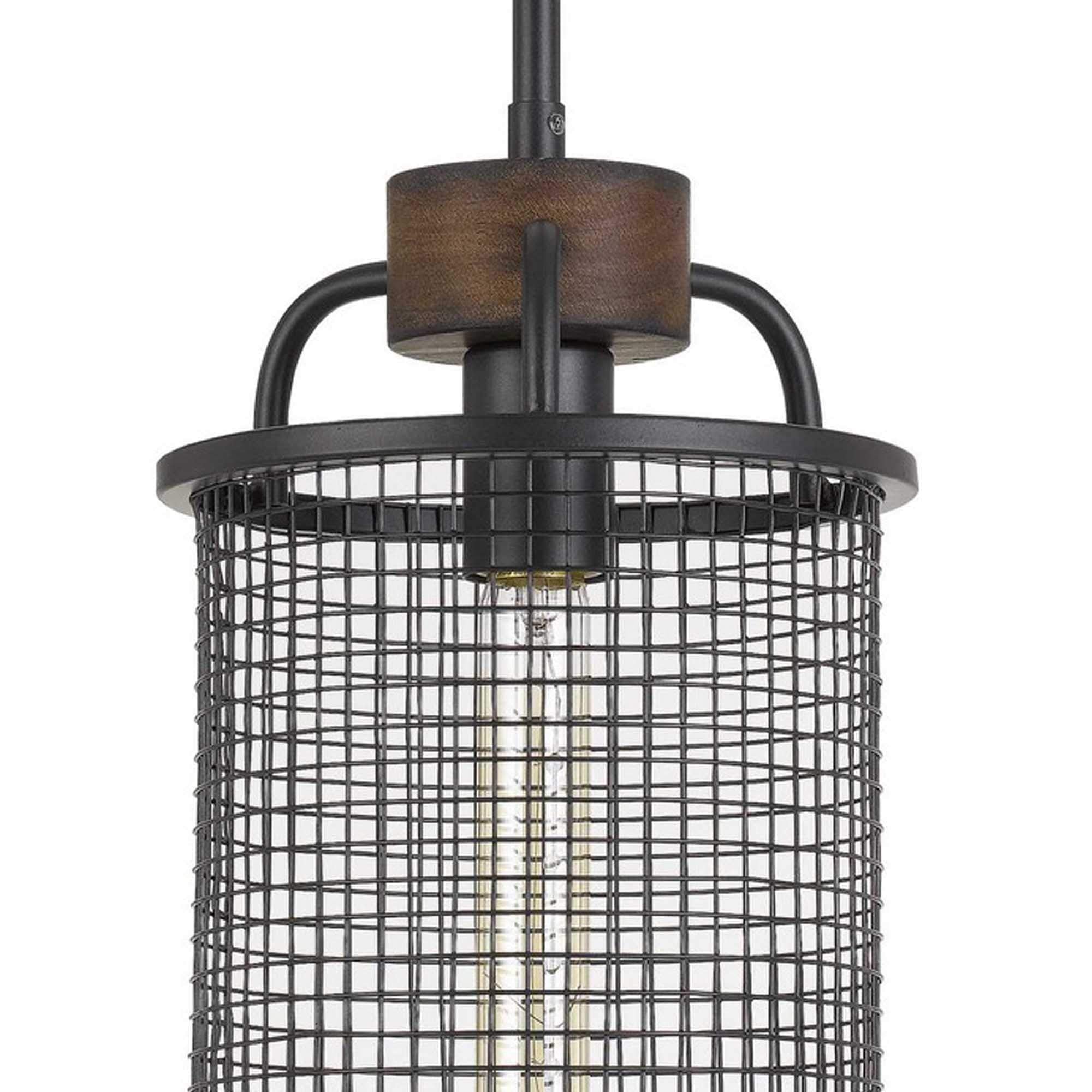 Benjara Bm233266 19.5 X 7.75 X 7.75 In. Cylindrical Grid Design Metal Chandelier With Wooden Accent, Black
