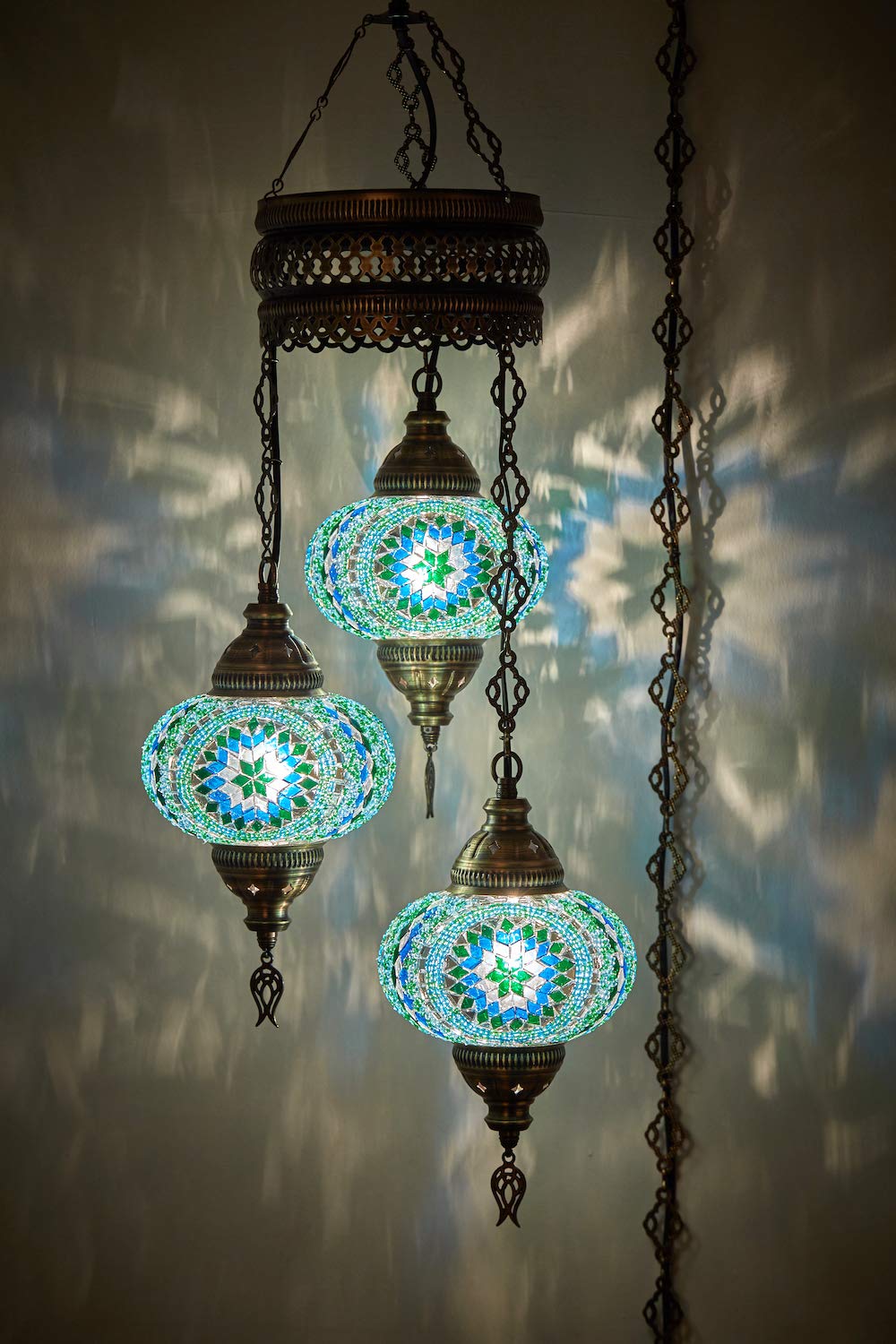 DEMMEX Plug-in Turkish Hanging Lamp, Handmade Moroccan Mosaic Chandelier Pendant Light Fixture with 15-ft Cord & Chain, Decorati
