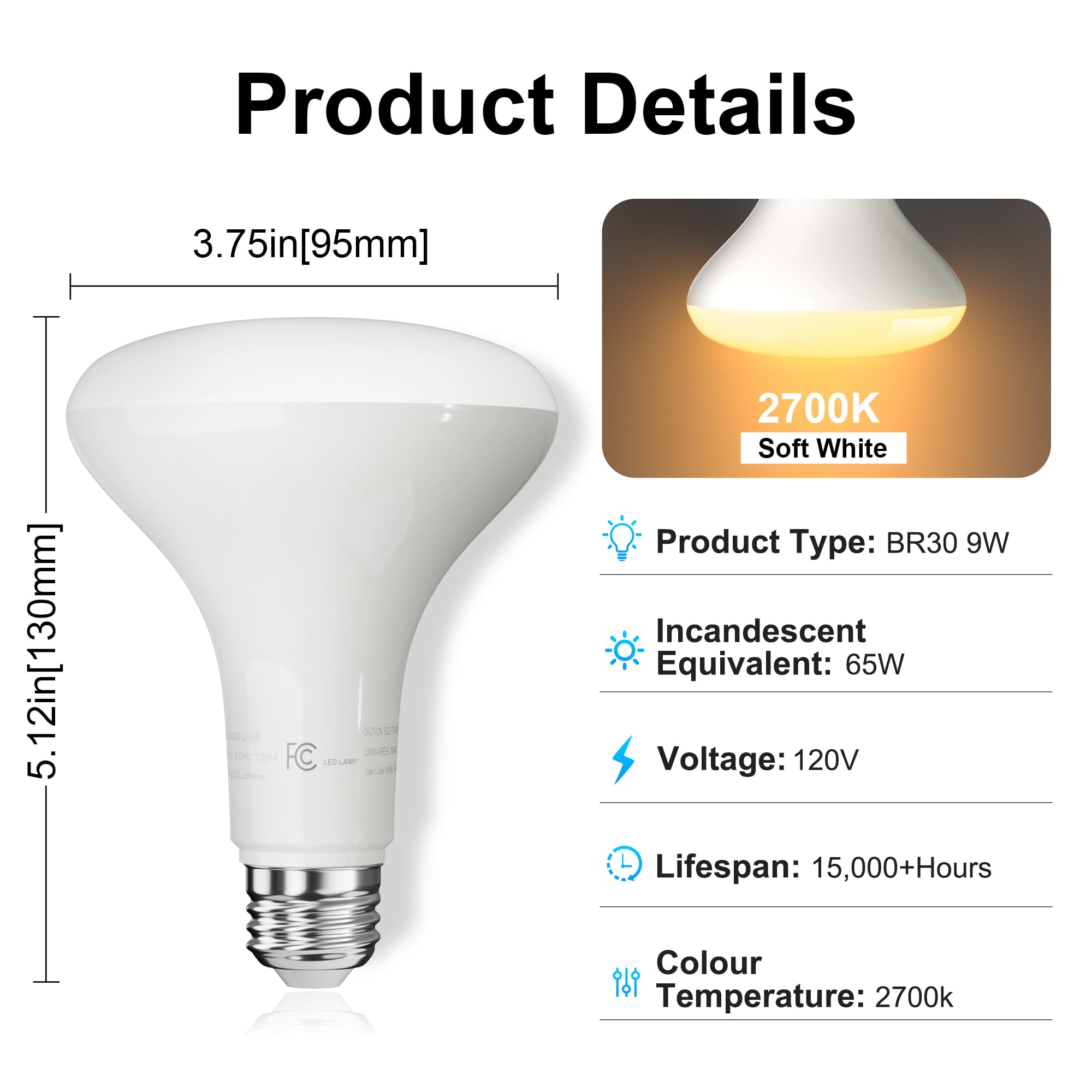 VOLIVO LED Flood Light Bulb, Dimmable 9W (65W Equivalent), Soft White 2700K, E26 Base, 800 LM, 6 Pack, Model QRSD