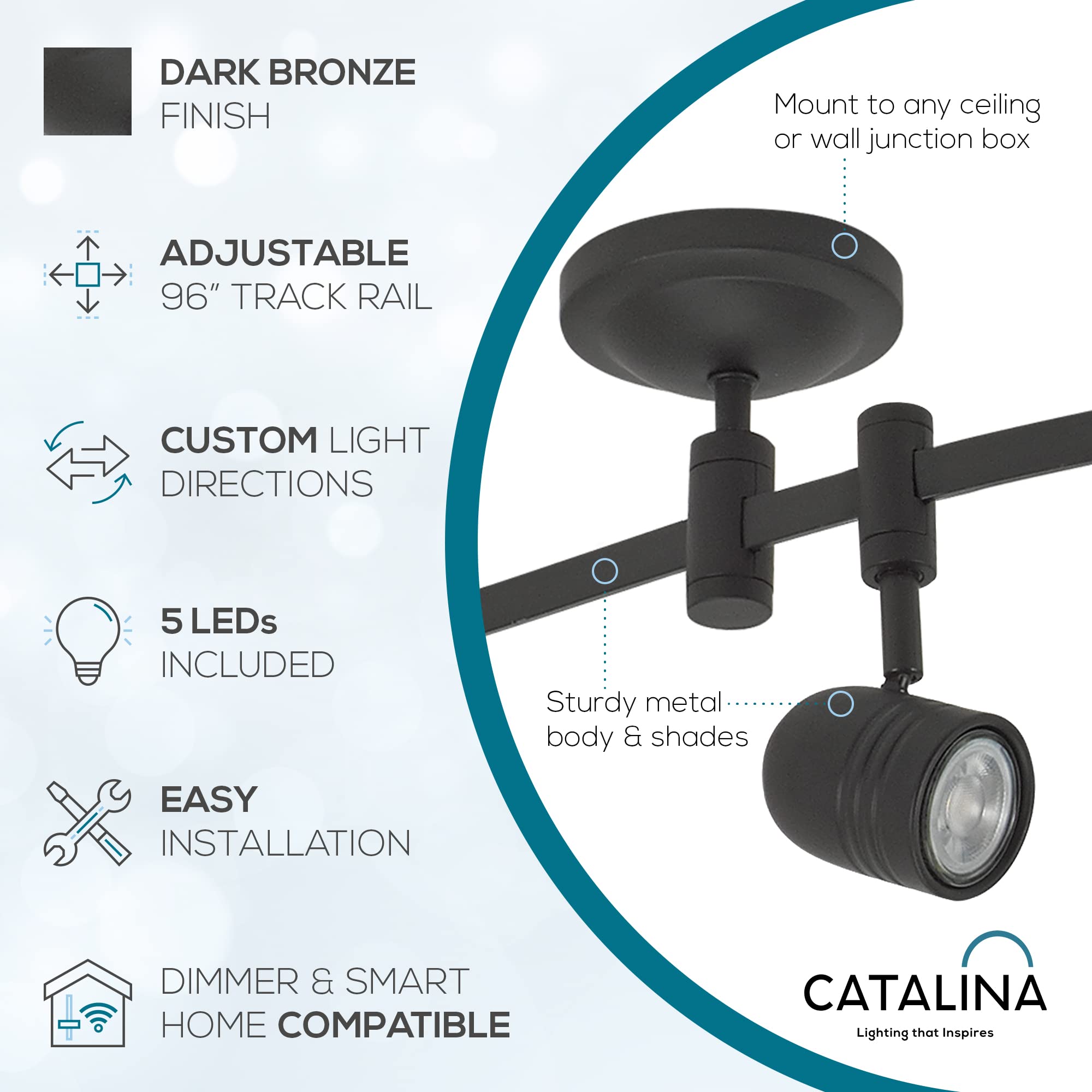 Catalina Lighting 96" Track Ceiling Light, Oil Rubbed Bronze, Transitional 5-Light Led Flex Track, Bulb Included, For Kitchen, Living Room, Home Lighting