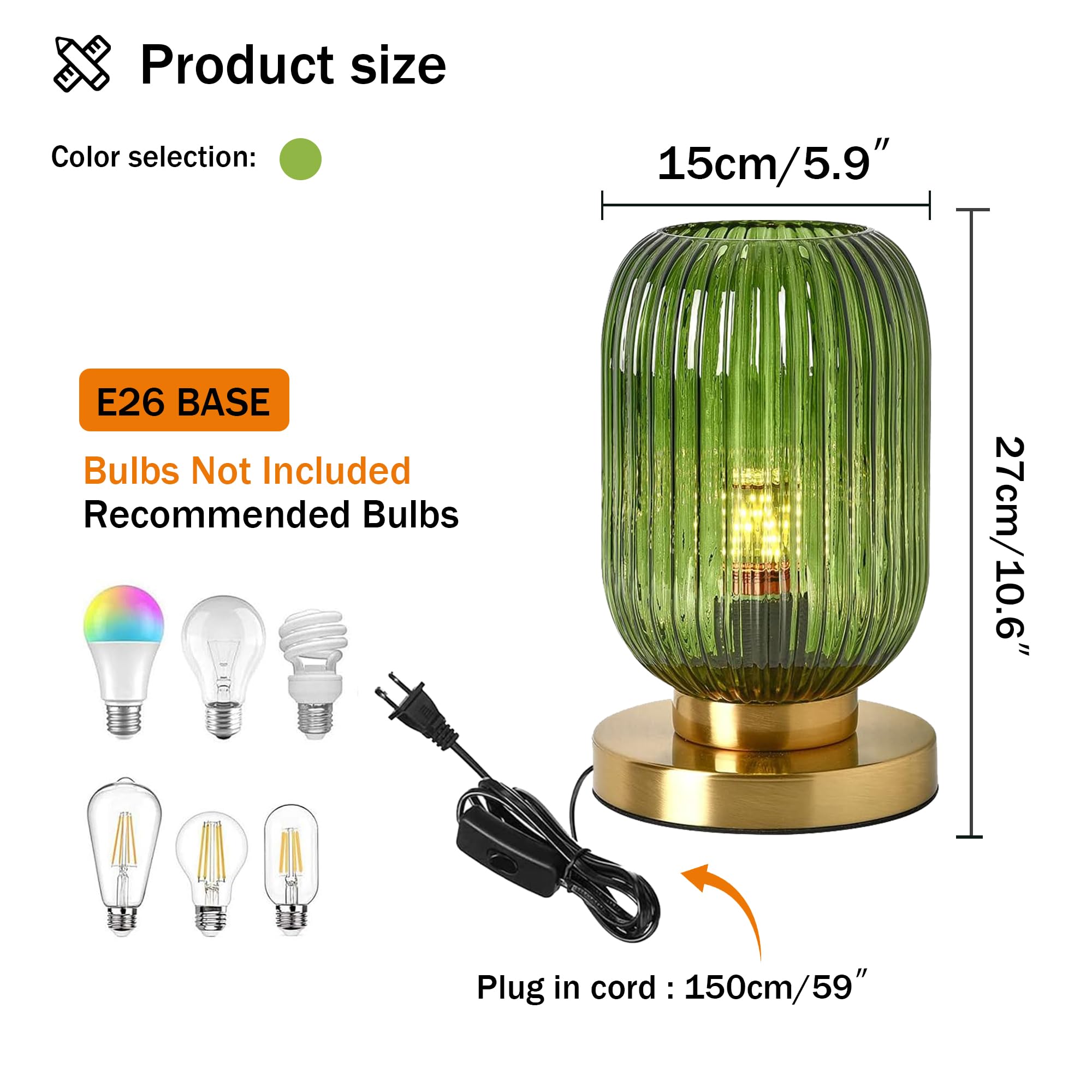 DoungRos Glass Table Lamp - Green Mid Century Modern Design, 10.6" Ribbed Glass Nightstand Light for Bedroom, Living Room, Office