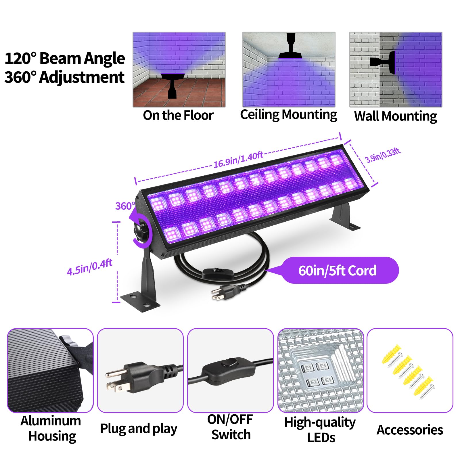 PIZHLO 100W Black Light Bar, Aluminum LED Flood Light for Neon Glow Party, 385-400nm, Black, 1 Piece