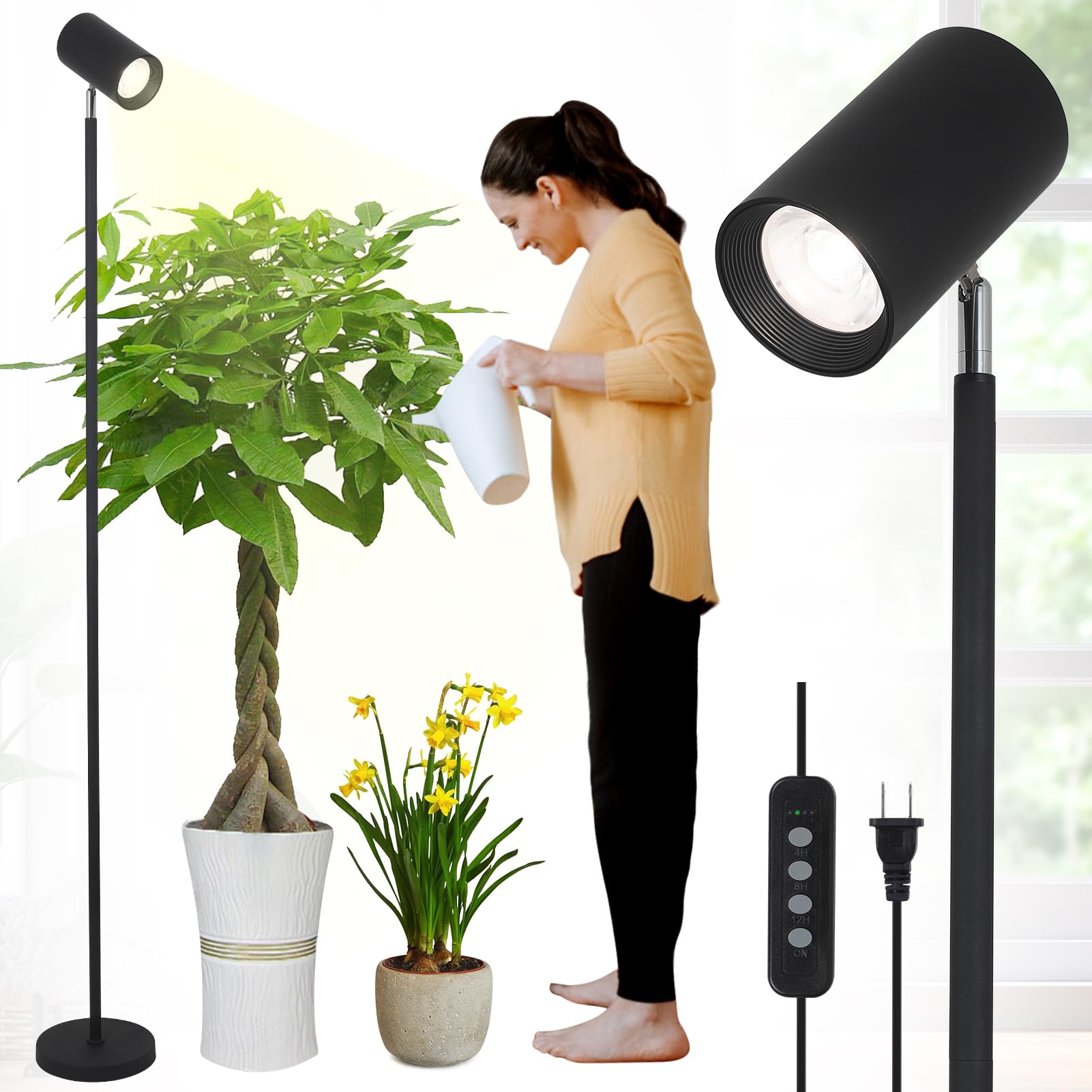 HMVPL Indoor Plant Grow Light Stand, 20W COB Bulb, Black, 4/8/12H Timer, Adjustable Height for Large Seedlings, Model 221106A1