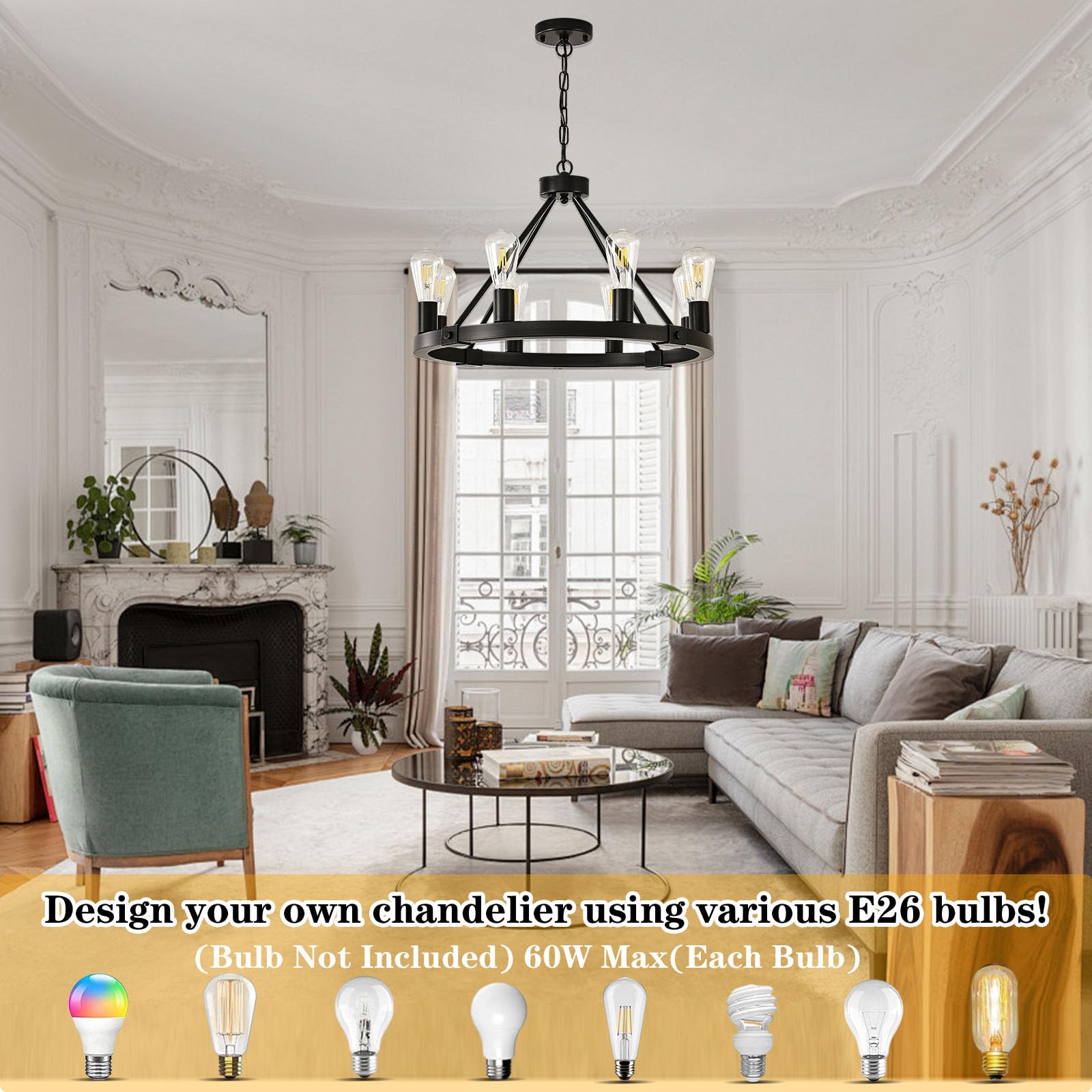 Loftplus Black Modern Farmhouse Wagon Wheel Chandelier For Dining Room Light Fixtures 8 Lights Chandeliers For Living Room Kitch