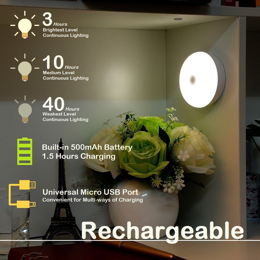 RTSU Rechargeable Touch Light, LED Night Lamp with Touch Sensor, Stepless Dimmer, Built-in Battery, White, Model SQ-066