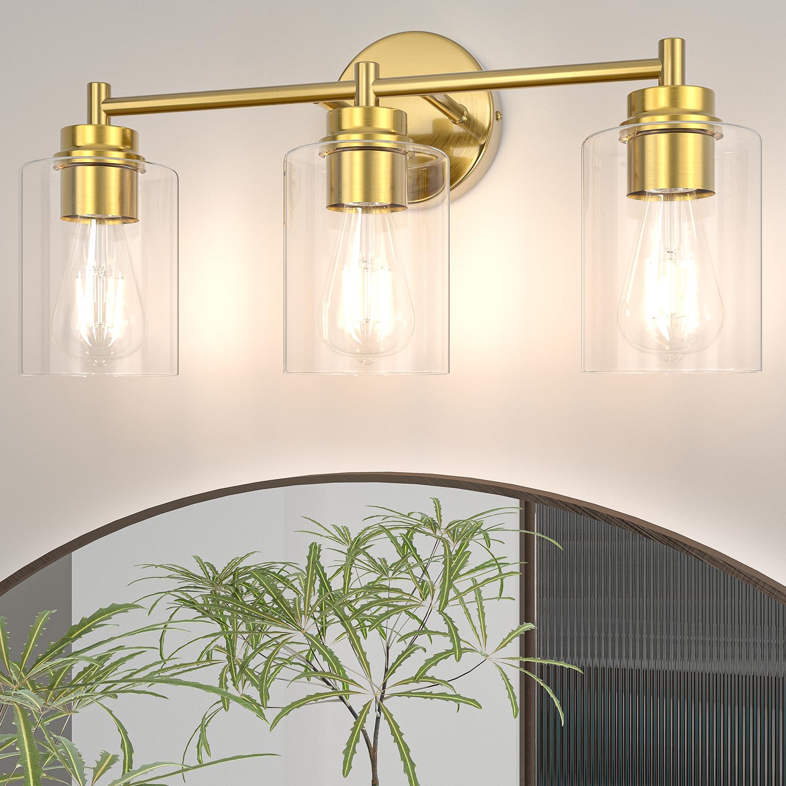 Sobrovo Bathroom Vanity Light Fixtures, 3-Light Brushed Gold Wall Sconce With Clear Glass, Modern Vanity Lights Over Mirror For