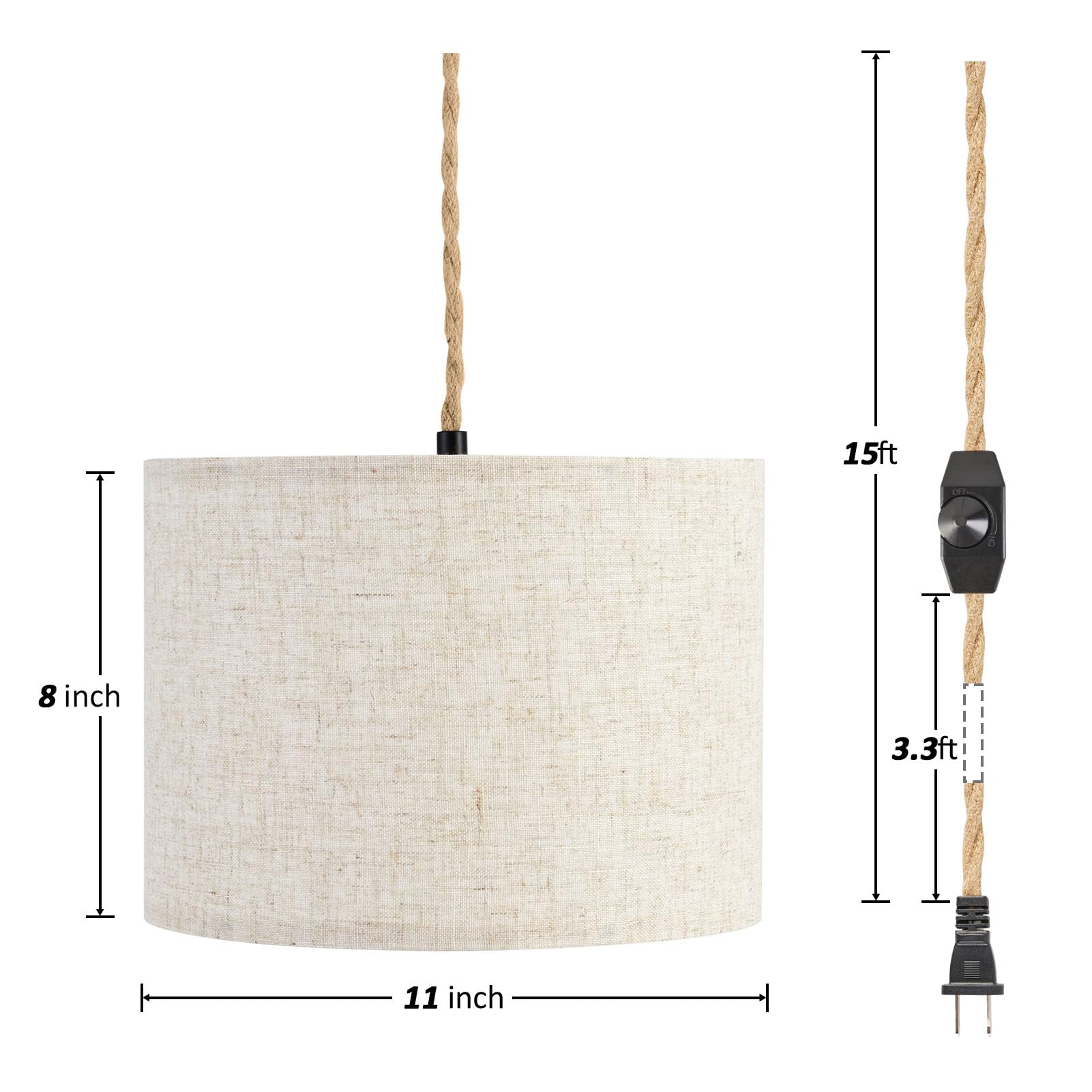 Kuaugst Dimmable Plug-In Pendant Light, Beige Linen Shade, 15Ft Hemp Rope, 2 Pack