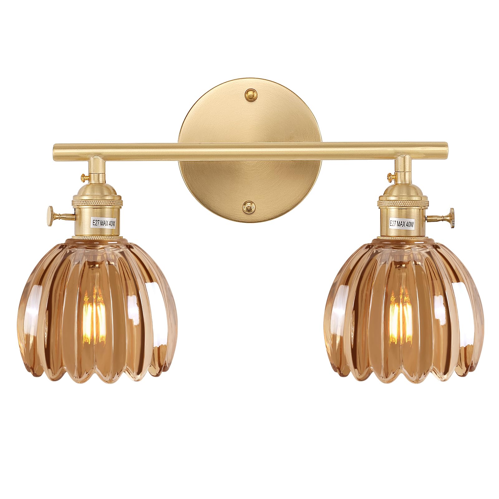 Shenmoyl 2-Light Brass Vanity Wall Light, Hardwired with White Tulip Glass Shade, Model 1-9325, Golden Base