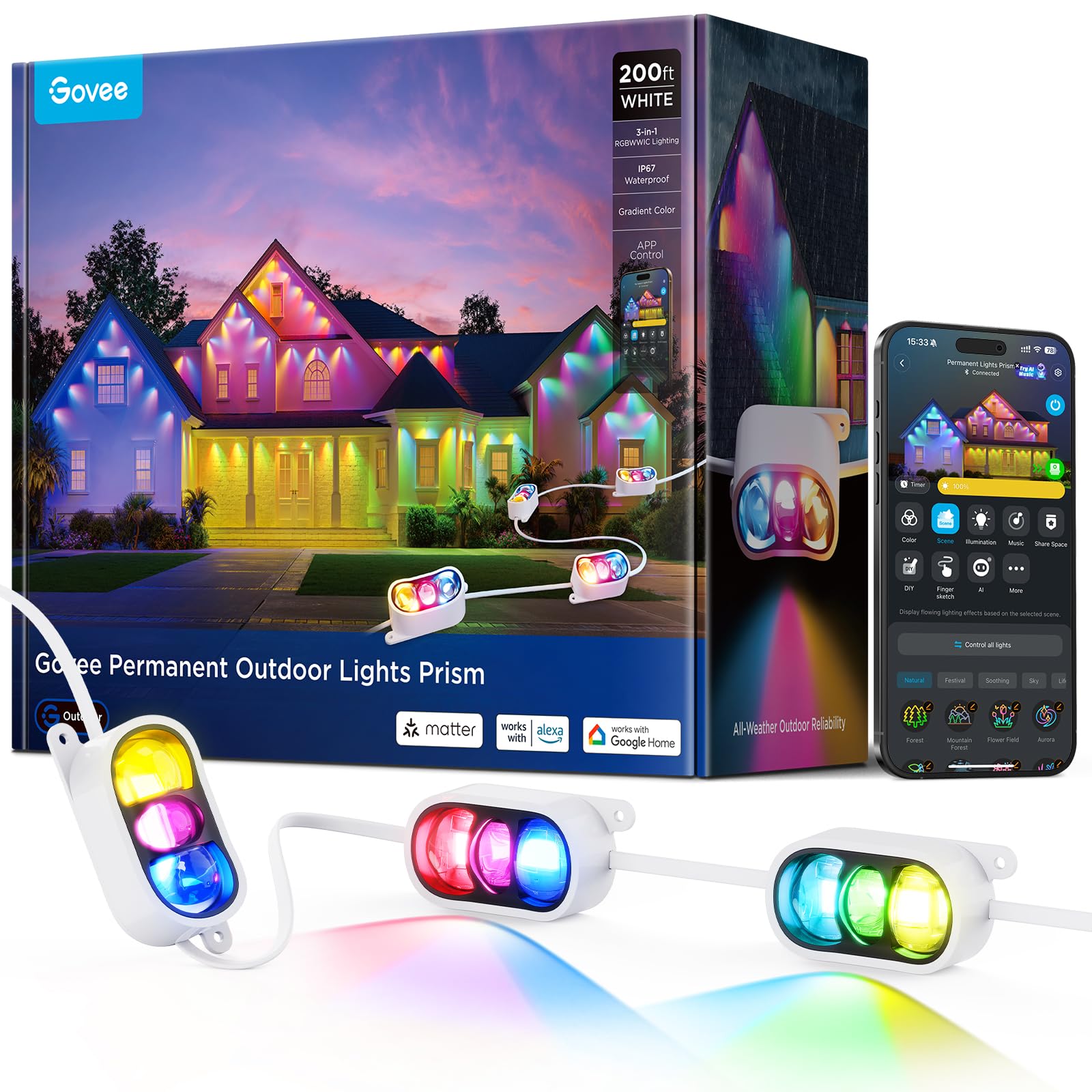 Govee Permanent Outdoor Lights Prism, 200ft with 72 Triple-Color Lighting Heads, 100+ Scene Modes, Up to 60lm for Outdoor Decor,