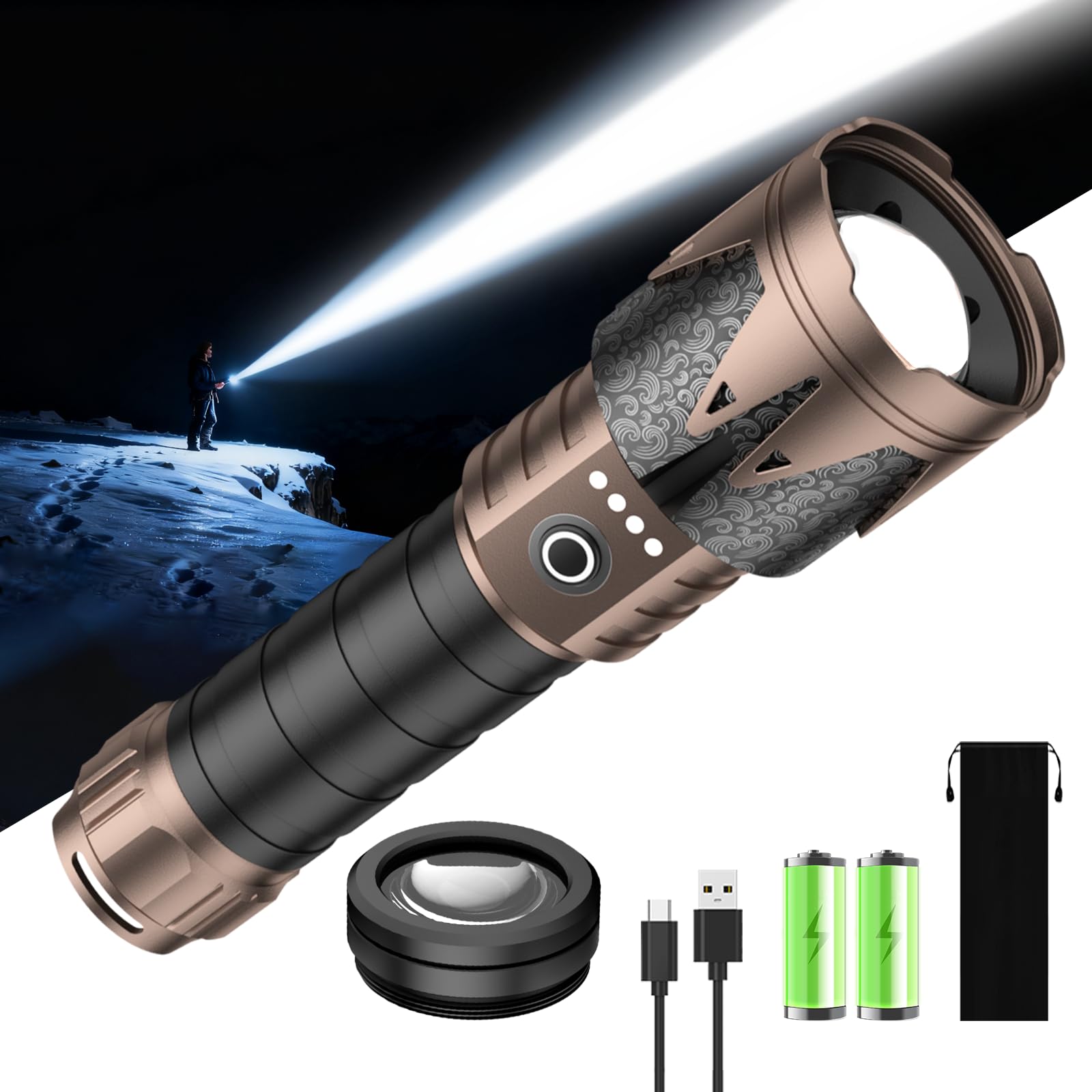SKYFIRE Rechargeable Flashlights High Lumens with Ignition Lens 10000 Super Bright Flashlight Zoomable  6Modes Waterproof Tactical Flash Light for Outdoor Essentials Home Emergency-Upgraded Gift Box
