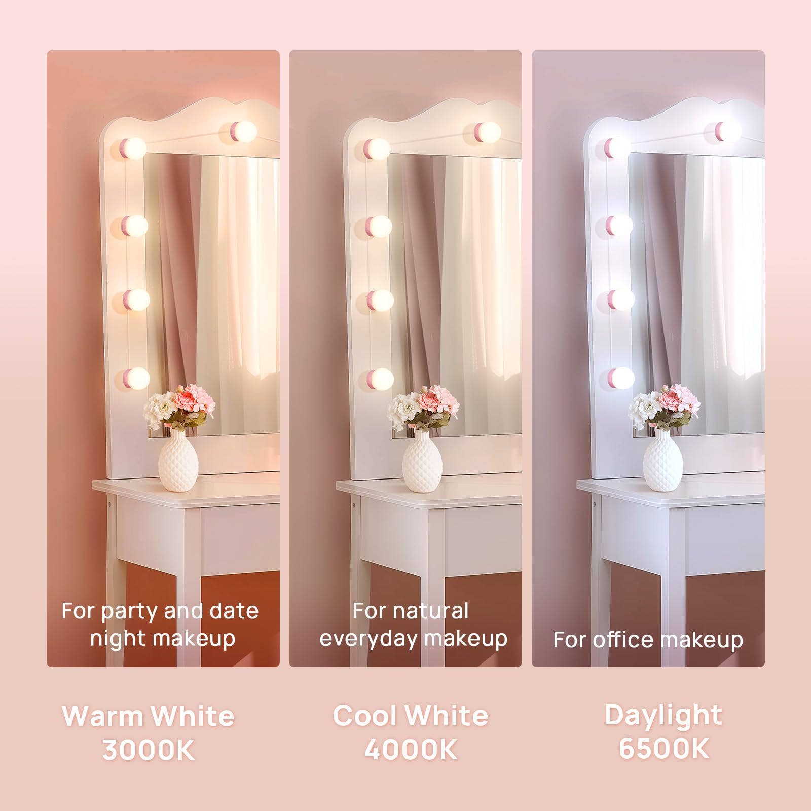 Consciot LED Vanity Lights for Mirror, 10 Dimmable Bulbs, Adjustable Brightness, Pink, Model PC-10D-2835-W-F5