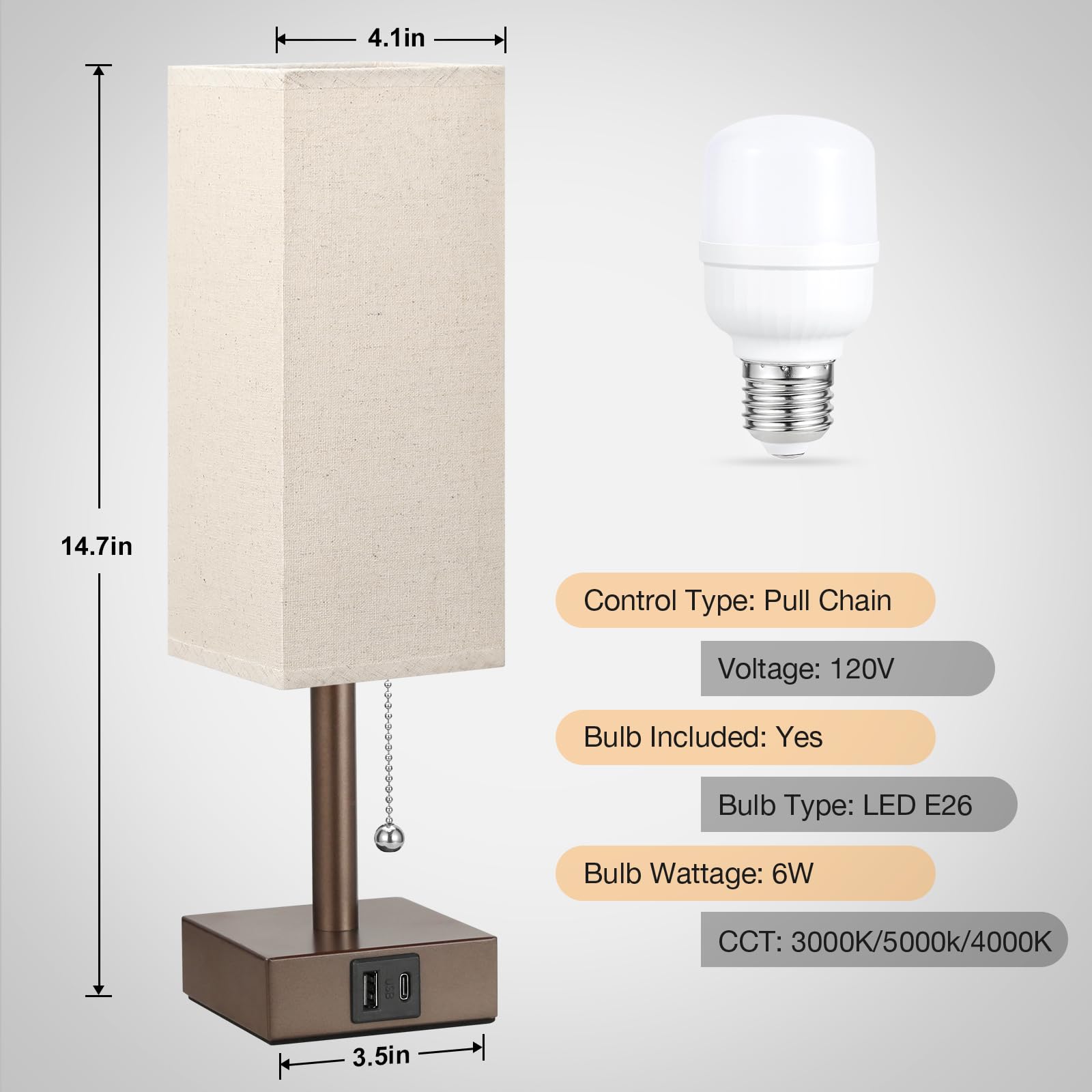Aooshine Beige Small Table Lamp For Bedroom - 3 Color Temperature 3000K 5000K 4000K Bedside Lamp, Pull Chain Control, Usb A And