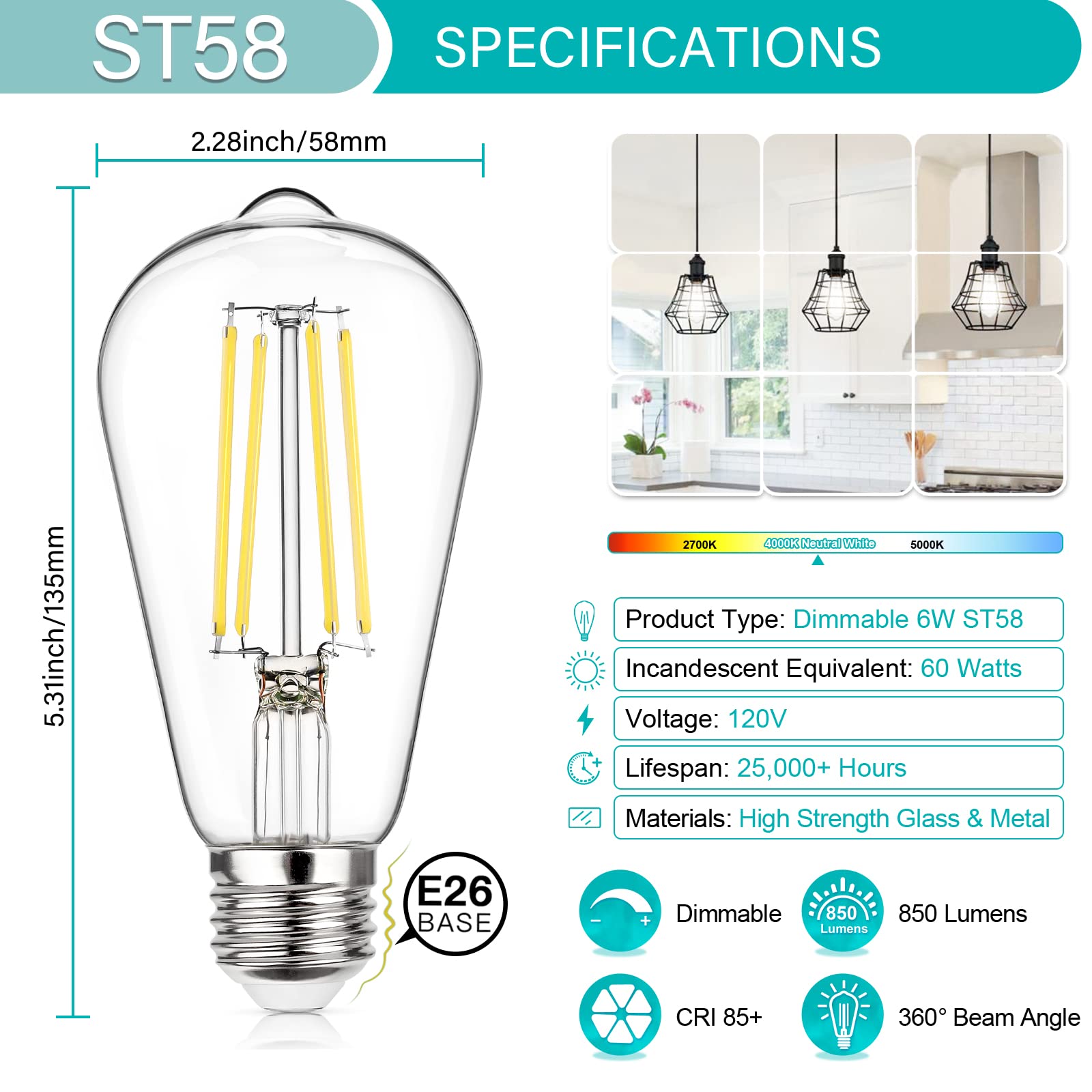 Maxvolador Vintage Led Edison Bulb Dimmable 60W Equivalent 850 Lumens, 6W Edison Light Bulbs 4000K, Antique St58 Led Filament Bulb E26 Base, Pack Of 4