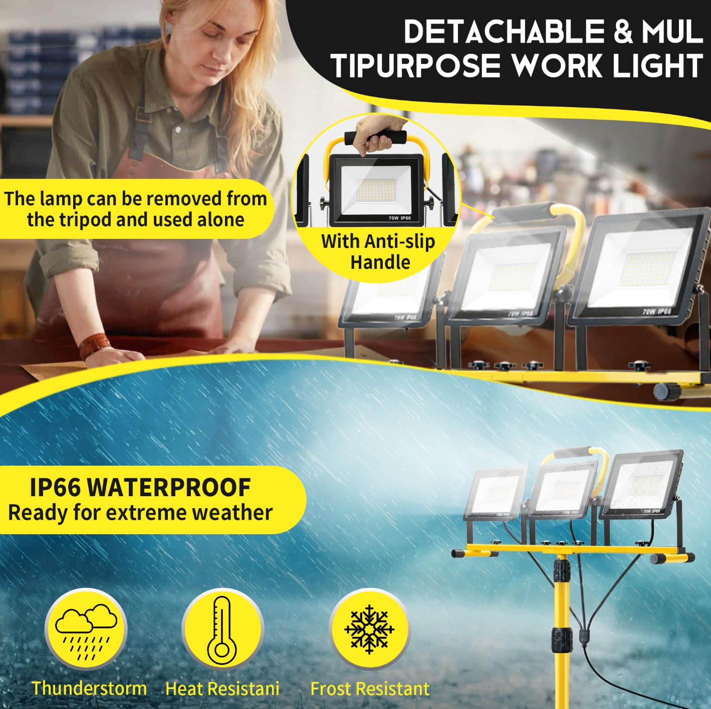 21000Lumen Led Work Lights With Stand: 3 Head Adjustable Work Light With Individual Switch - Ip66 Waterproof Foldable Tripod Wor