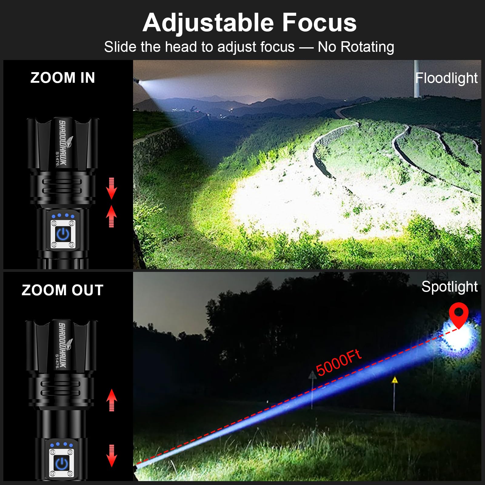 Shadowhawk Flashlight 2000 - 30W High Lumens LED, 5000ft Beam, 12H USB-C Rechargeable, Black, Model CA-S1476