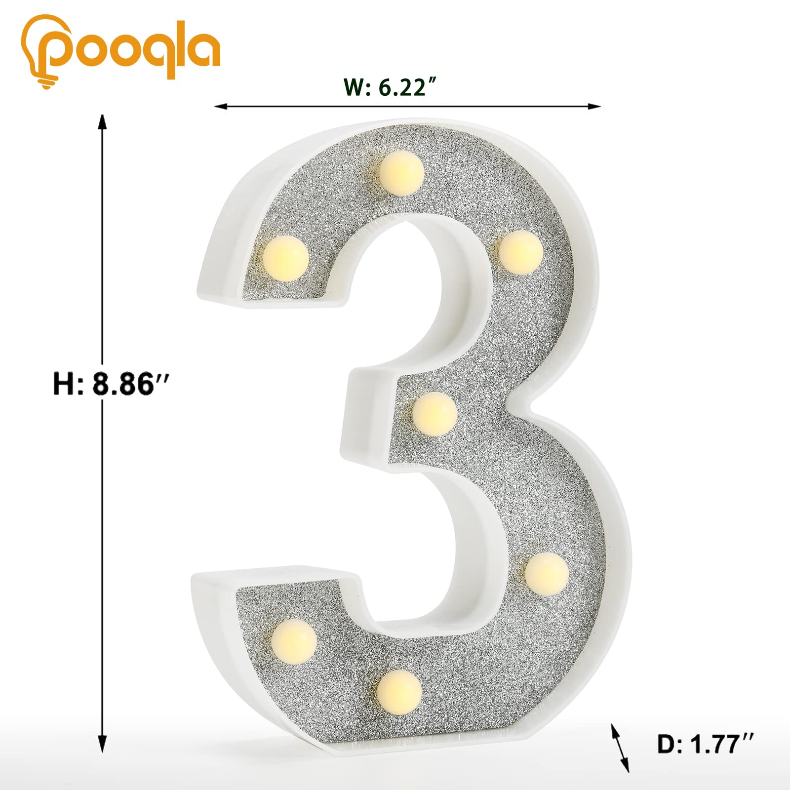 Pooqla Colorful Marquee Number 3 with Remote, RGB Light Up, Glitter LED, Battery Powered Decoration for Home and Parties