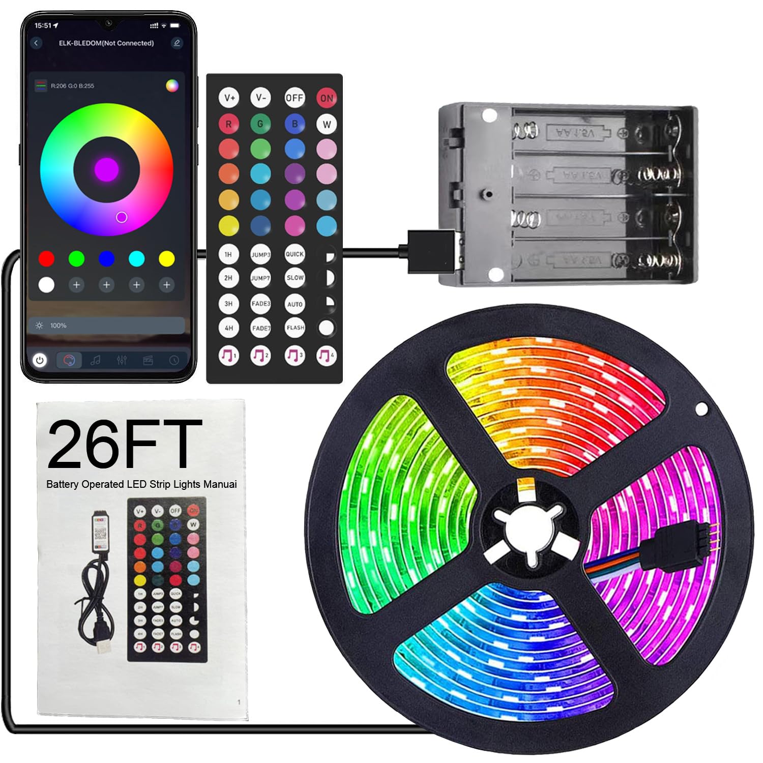 Dervacle LED Strip Lights 26ft, RGB Color Changing, USB Powered, Music Sync, Cuttable, for Bedroom, TV, Party, Multicolor
