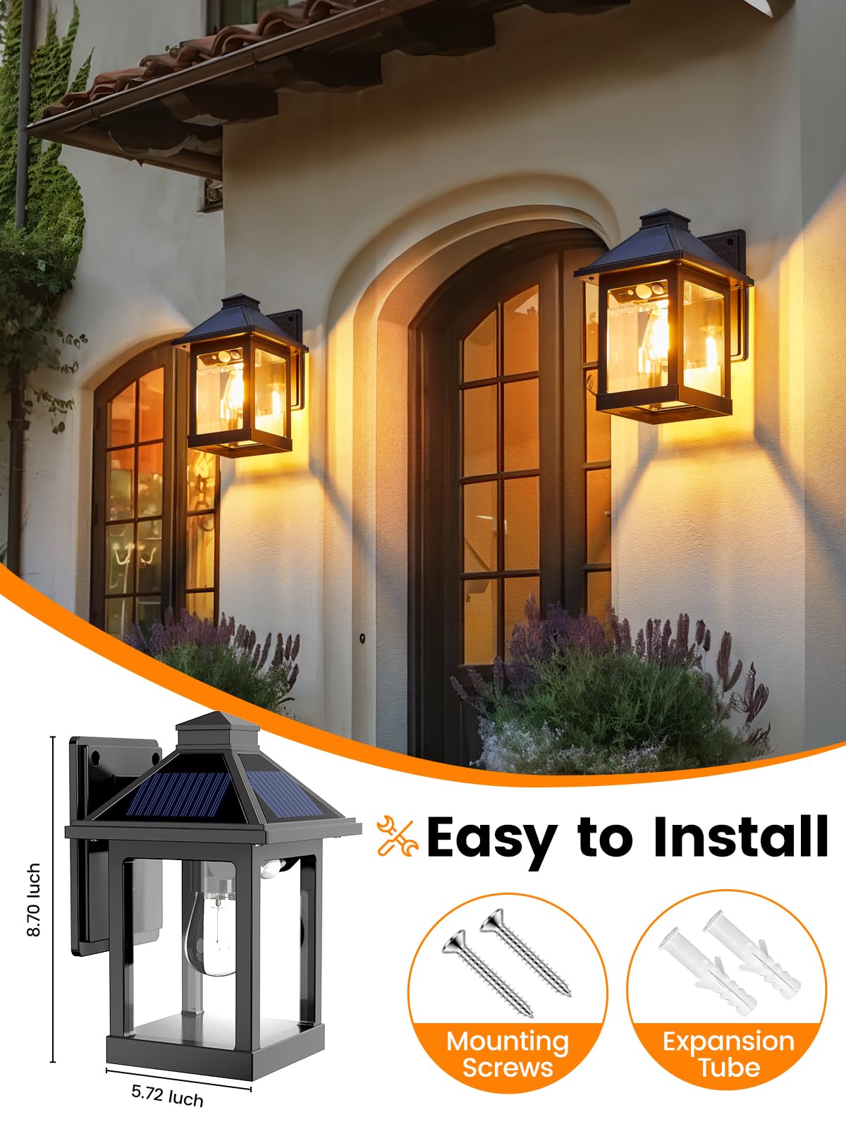 LUHLEE Solar Porch Lights - Motion Sensor, IP65 Waterproof, 1 Pack (5.72"L x 8.7"H), Black, Ideal for Outdoor Use