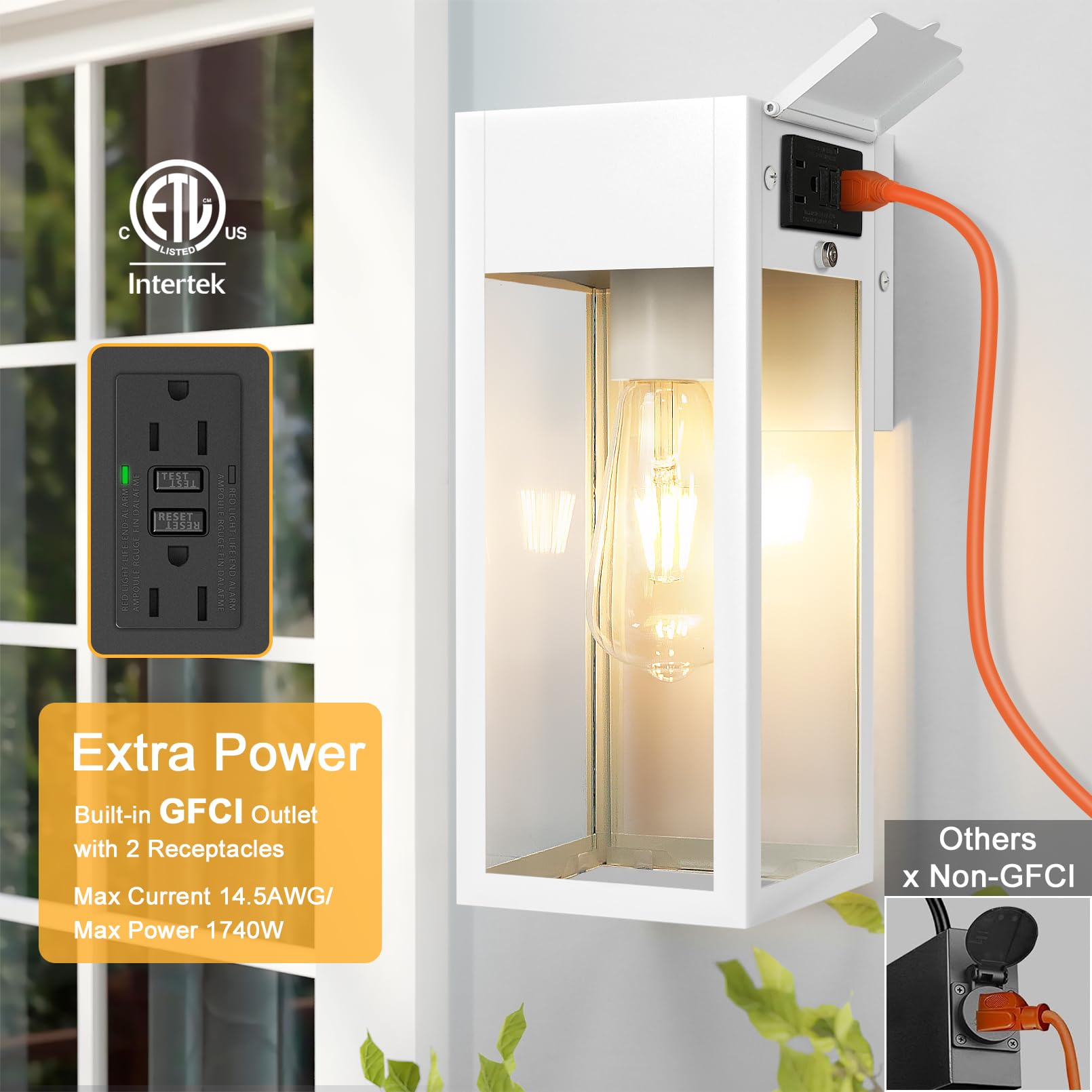 OYKYOHEI Outdoor Wall Sconce Light Fixture with GFCI Outlet, Waterproof Metal Lantern, White 1-Pack, No Sensor