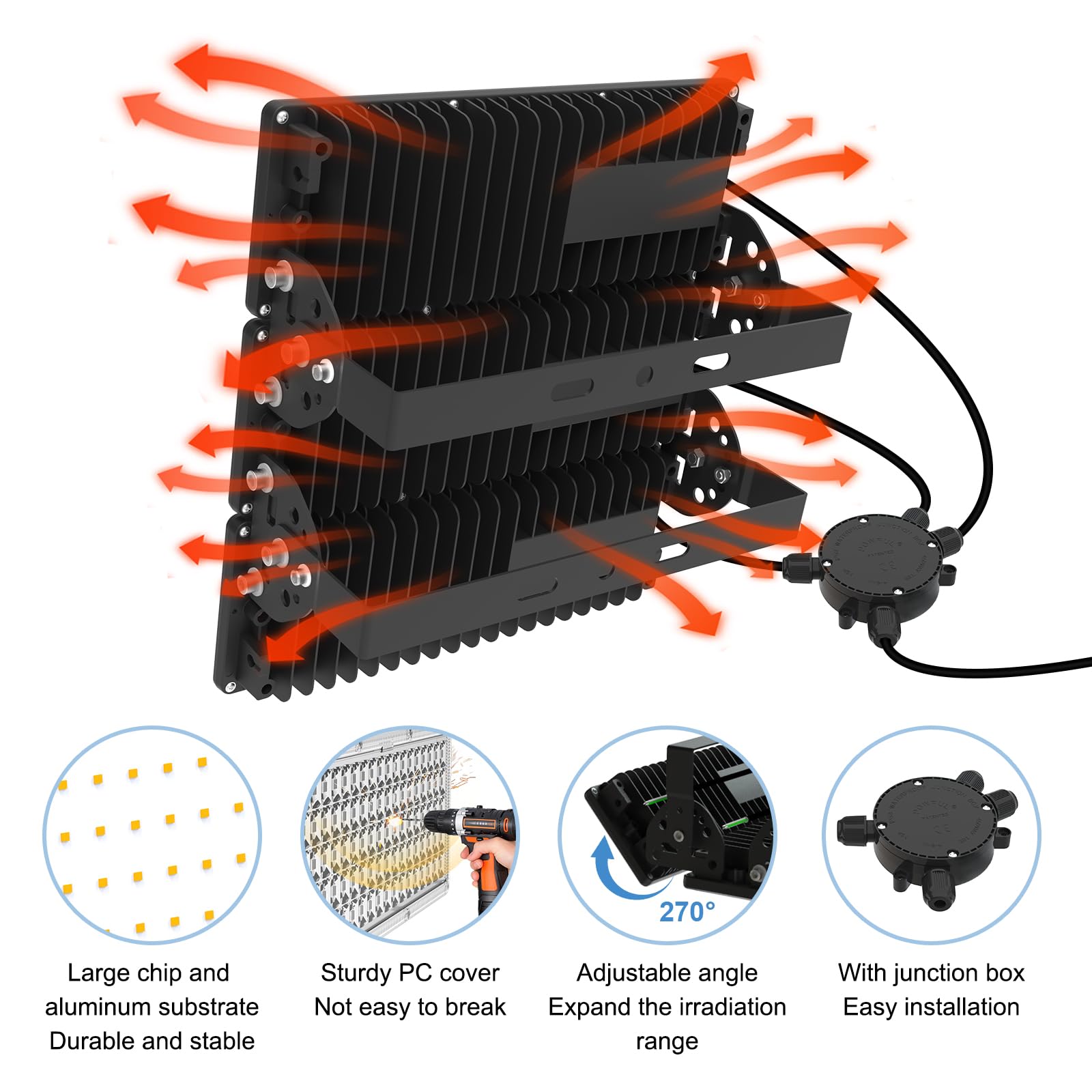 Kekeou 300W LED Flood Light, 42000LM, IP67 Waterproof, 6500K Daylight White, Black - Model GD-MZ300W-W-B