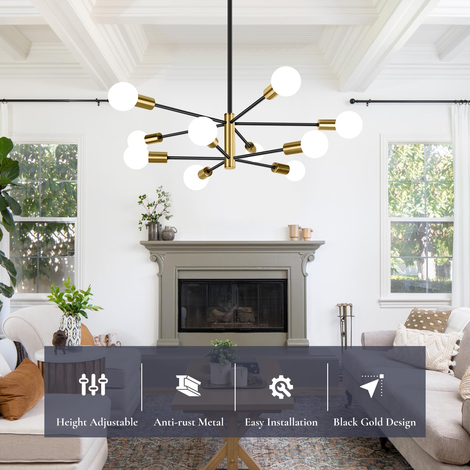 Beslowe 10-Light Modern Sputnik Chandelier, Mid Century Black & Gold Chandeliers Lighting, Farmhouse Ceiling Hanging Light Fixtu