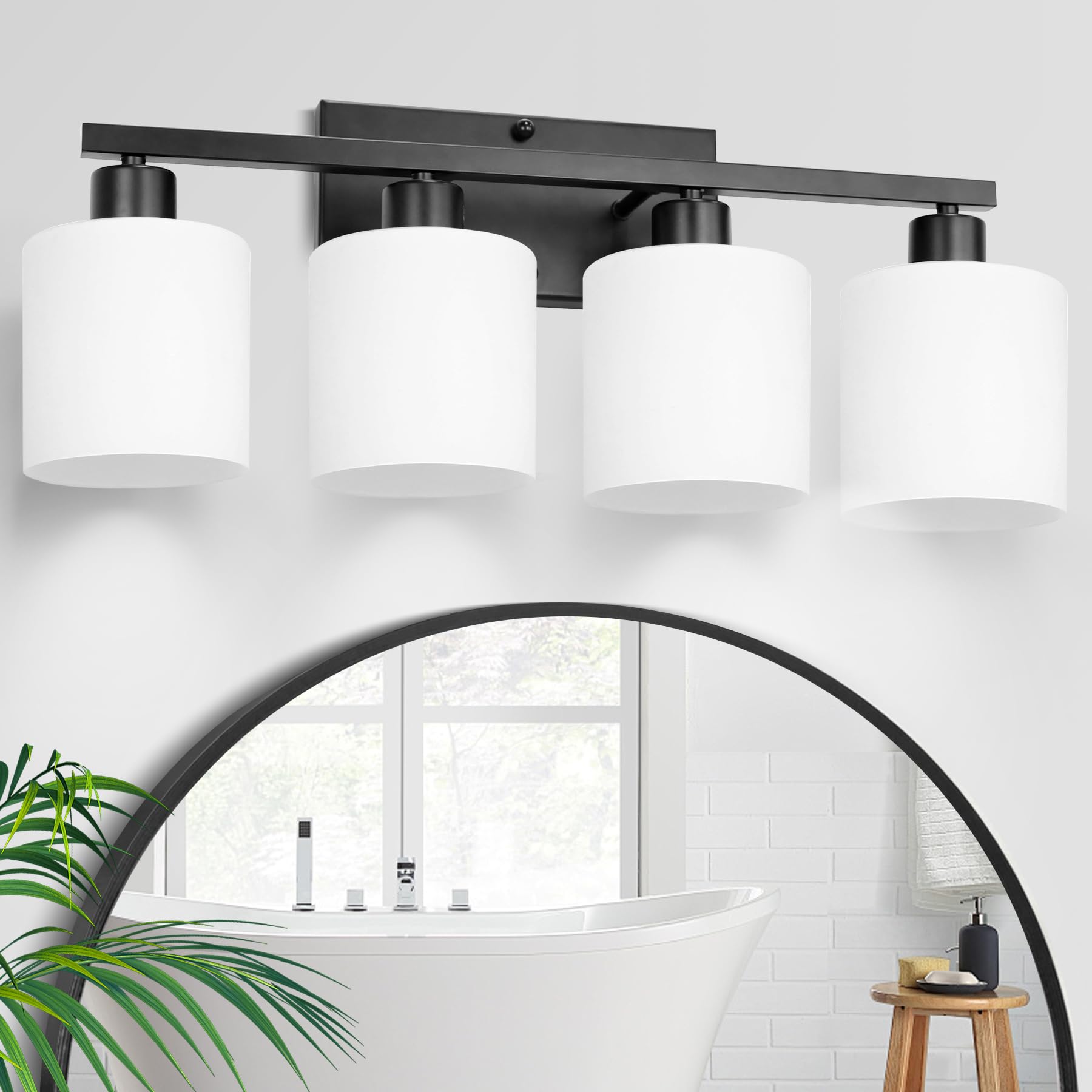 SILAMPDI 4-Light Black Bathroom Vanity Light Fixture, Modern Wall Sconce with Milky White Glass Shades, Model SLD-JQD-005