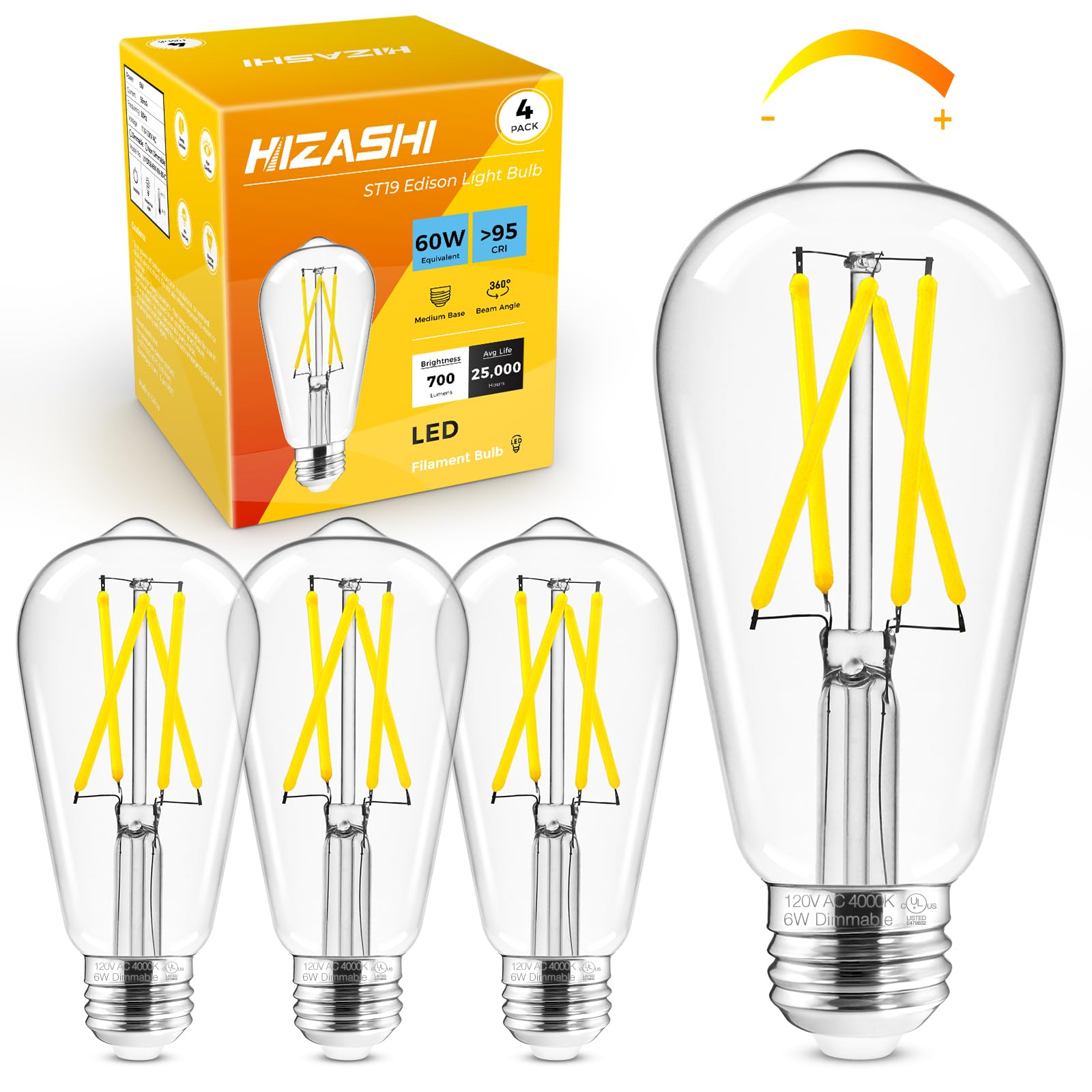 Hizashi Edison Bulbs Dimmable Vintage E26 LED 6W 4000K Neutral White Pack of 4, Clear Glass, UL Listed, 95+ CRI