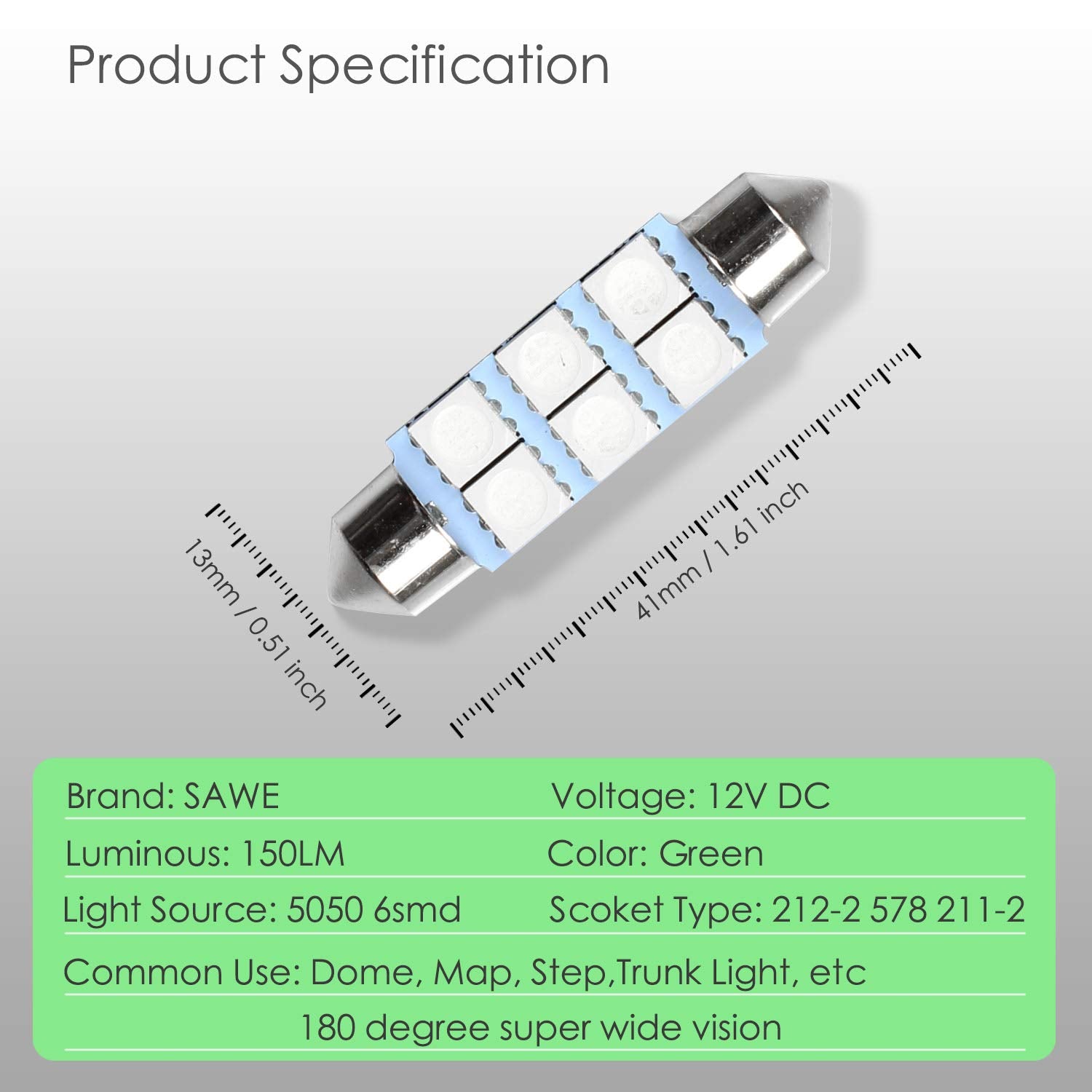 SAWE 6-SMD 5050 Festoon LED Bulbs for Dome Map Light, Pack of 4, 42mm, Green, Model 8542094786