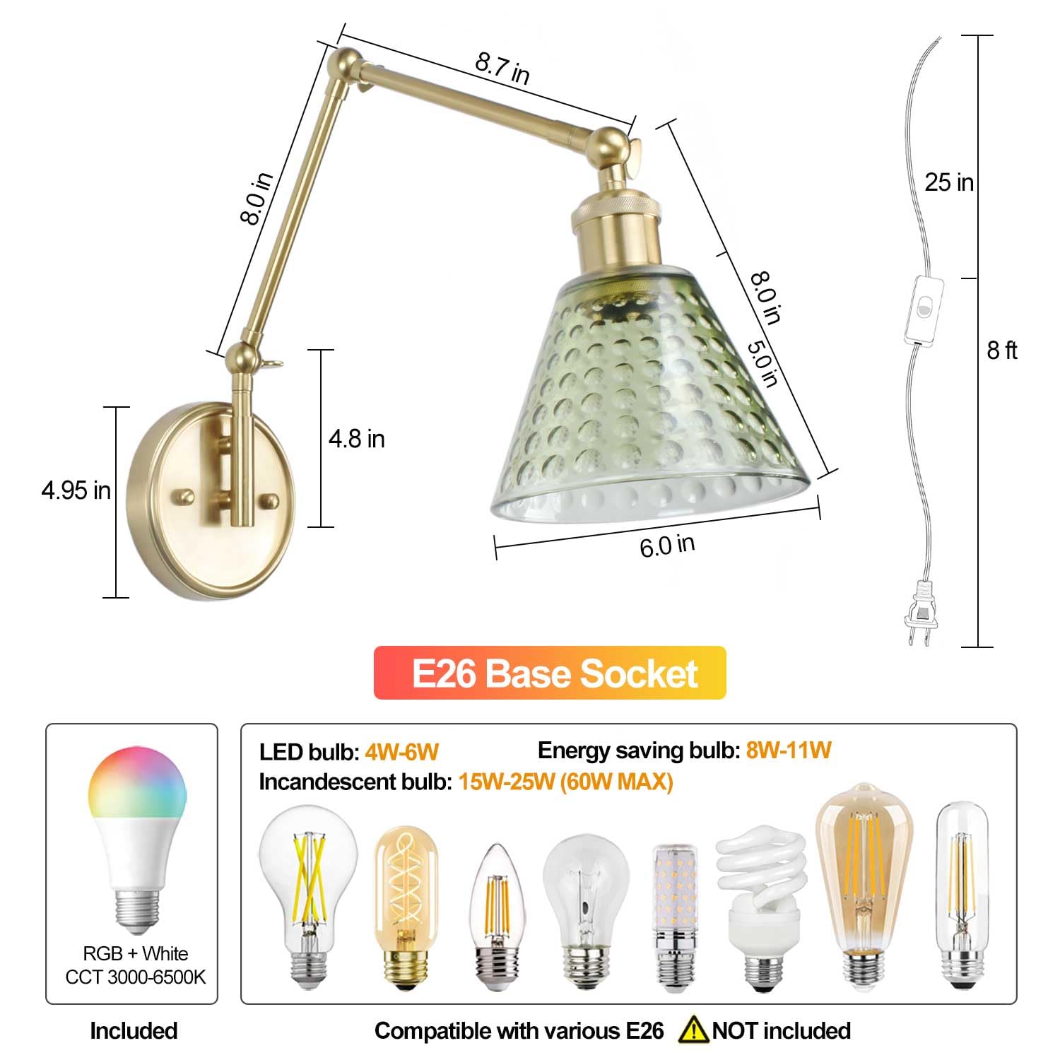 BARSUNS Swing Arm Wall Sconce, Adjustable Brightness, Gold & Green, RGBW Bulb with Remote, Model BS-WL351YG-B