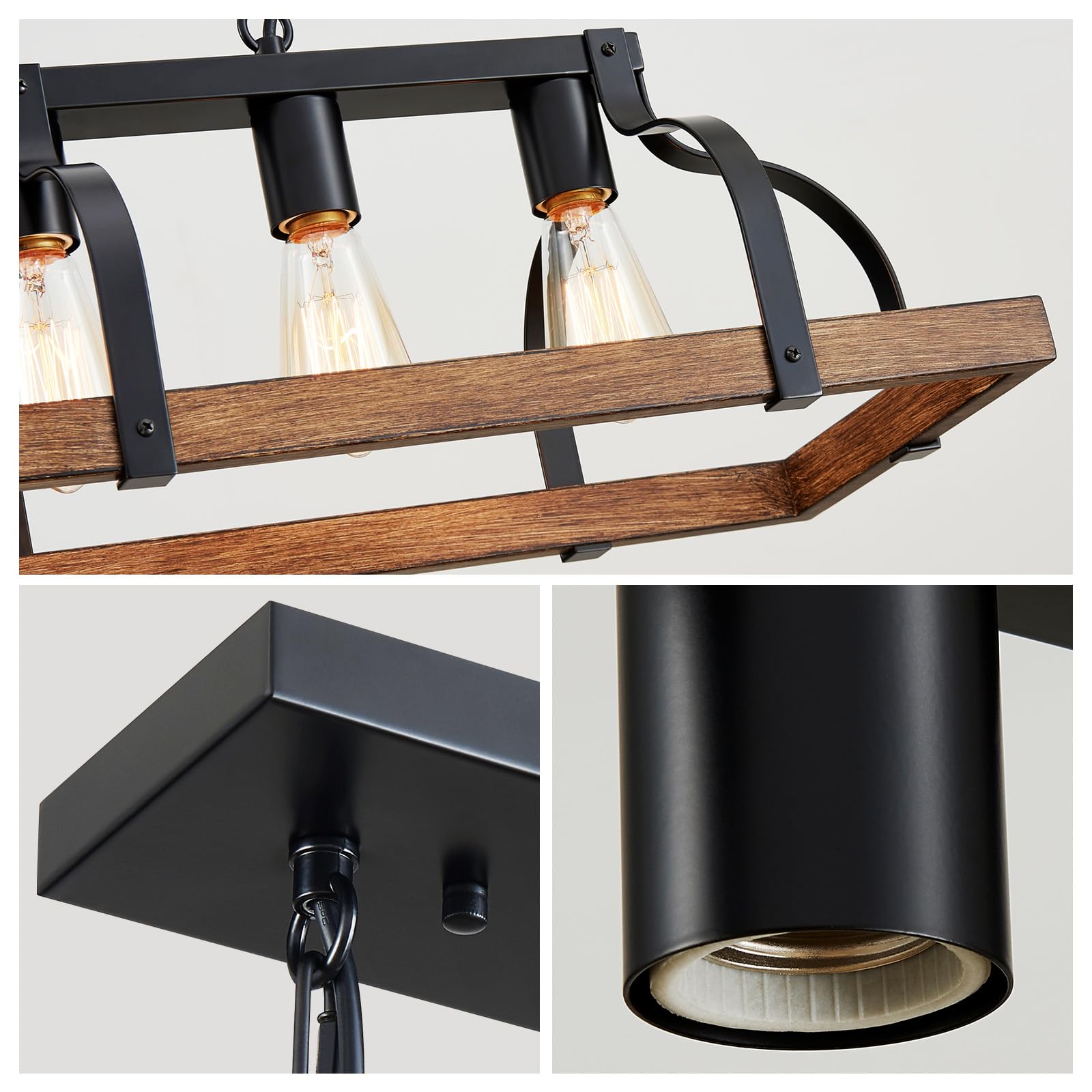 Wuzups 5-Light Rustic Metal Chandelier, Imitation Wood Grain, Black Pendant Lighting For Kitchen & Dining