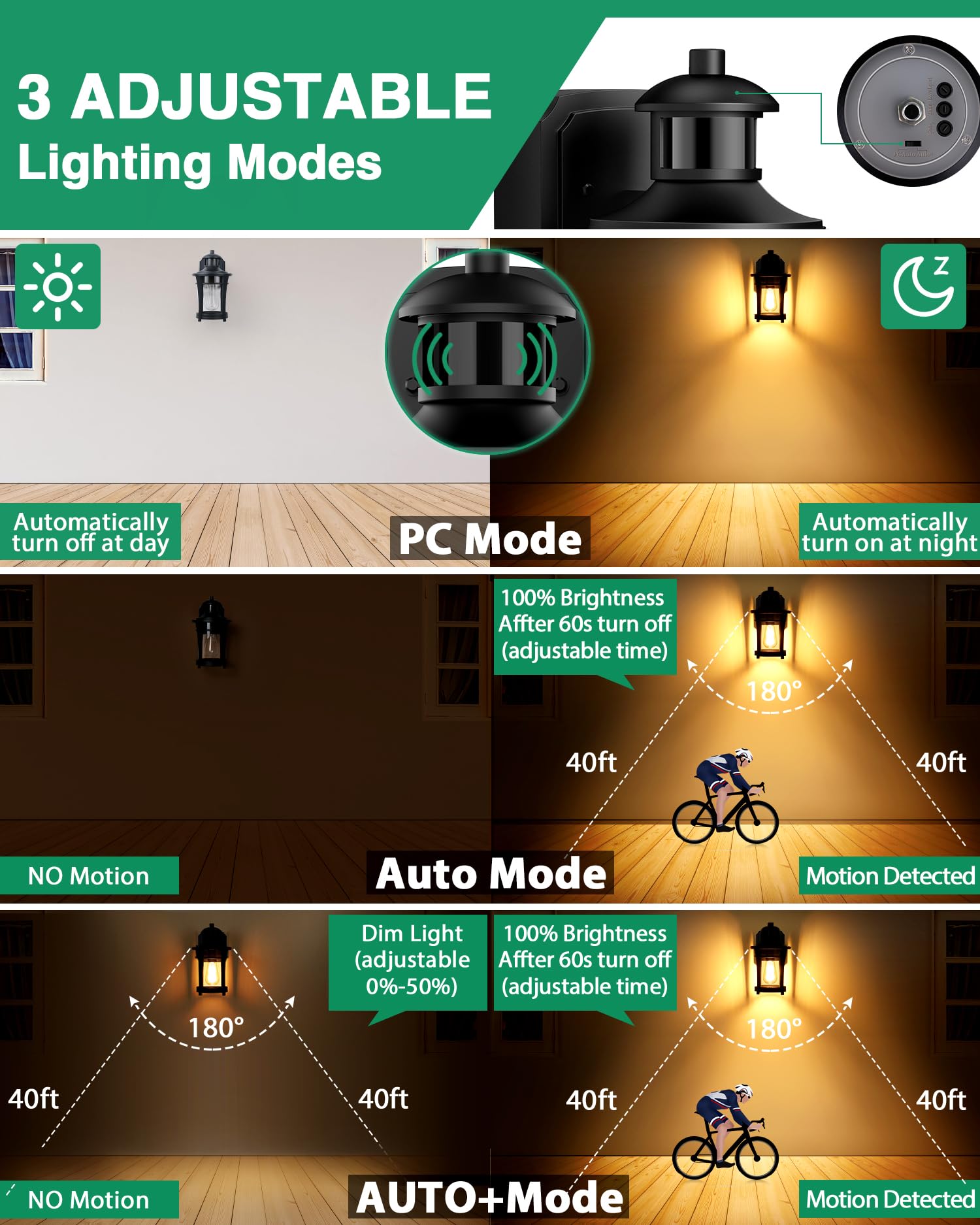 2-Packs Porch Lights With Outlet, Motion Sensor Outdoor Lights, Dusk To Dawn Exterior Light Fixture, Waterproof Anti-Rust Black