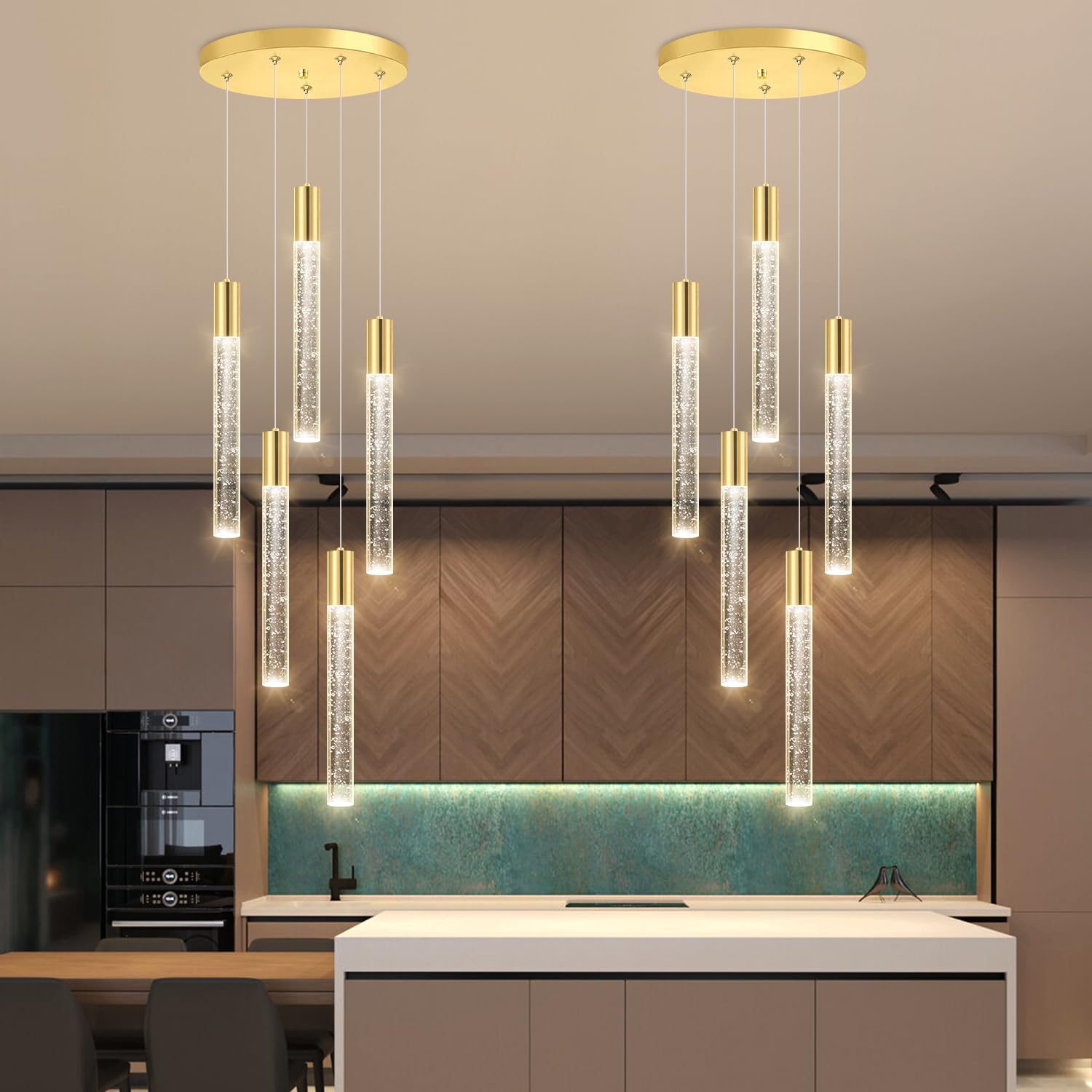 HAIXIANG 5-Lights Chandelier Modern Crystal Pendant Lighting Stainless Steel Gold MMQ3810 for Kitchen Island Dining Room