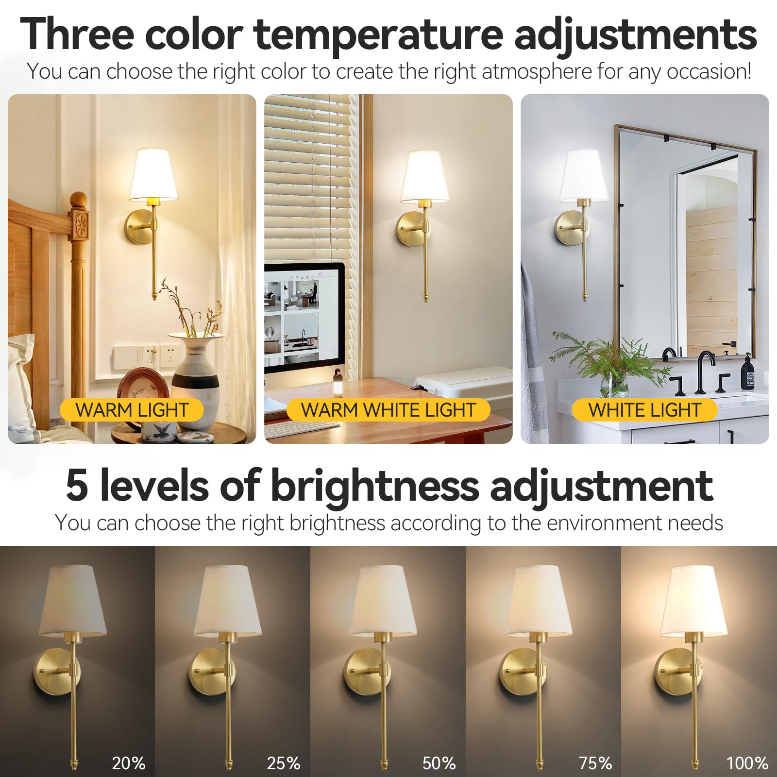 HIFCTRN Wireless Wall Sconces Set of Two Battery Operated, Rechargeable Wall Lamp with 10000 mAh Dimmable Bulb & Remote, 10 Colo