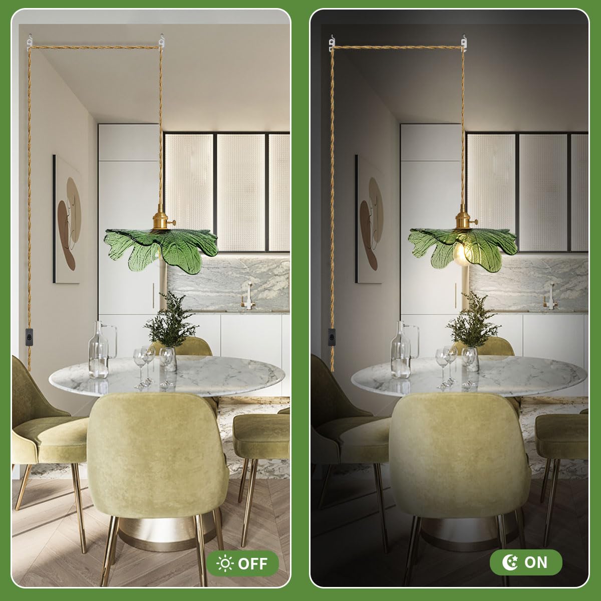 Auwieou Green Glass Plug-in Pendant Light, 14.75ft Cord, 1-Light Brass Fixture for Kitchen, Bedroom, Living Room