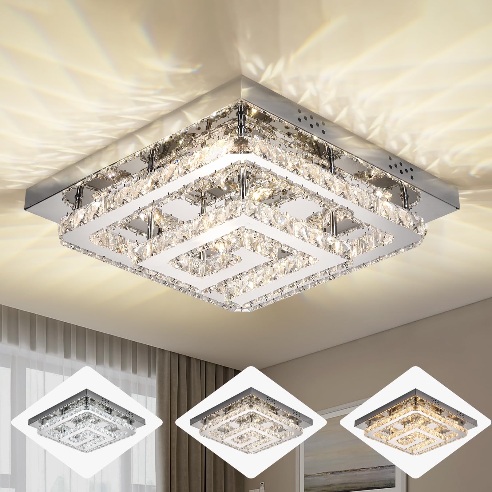 18'' Crystal Chandelier With Remote Control, 3 Color Temperature Light Fixture & Brightness Adjustable, Modern Flush Mount Led C