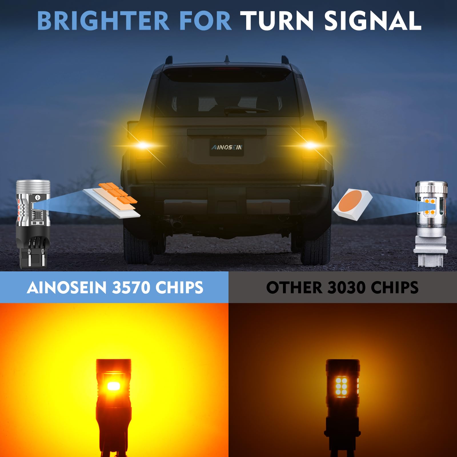 AINOSEIN LED Bulb Amber Turn Signal Light, 7440/7443, Built-in Resistor, CANBUS Error Free, Aluminum, 3570 Chips, Anti Hyper Flash