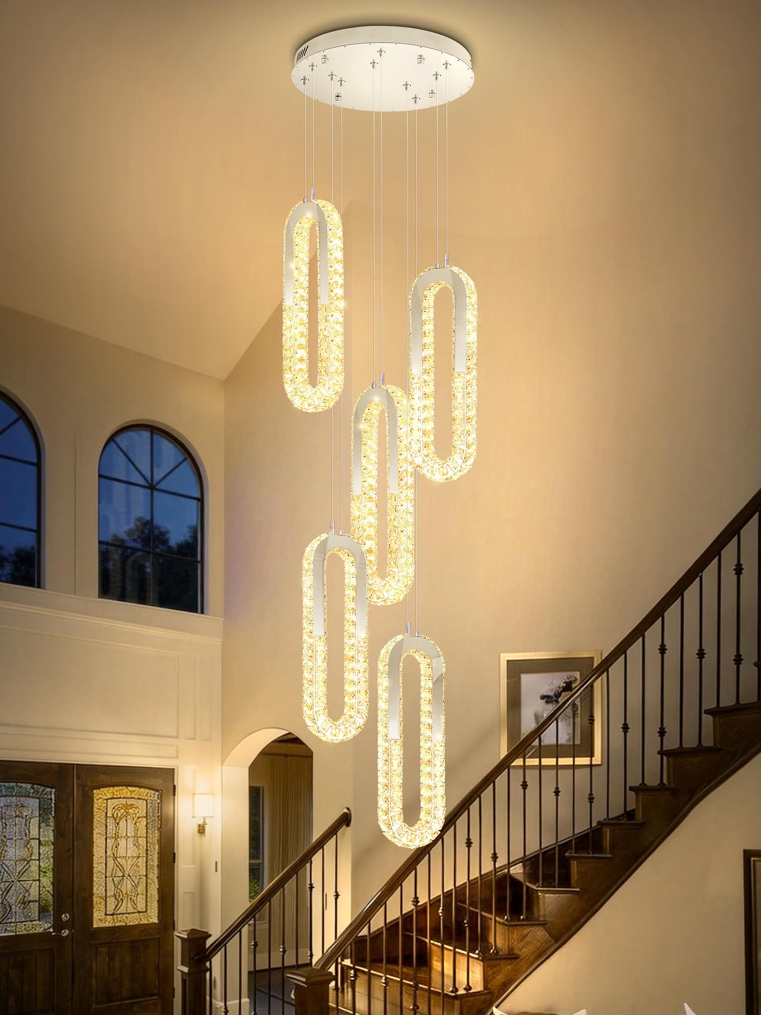 ykolupty 5-Lights Modern Crystal Chandelier for High Ceiling LED Dimmable Ring Pendant Chandeliers Stairwell Chandelier Lighting Silver