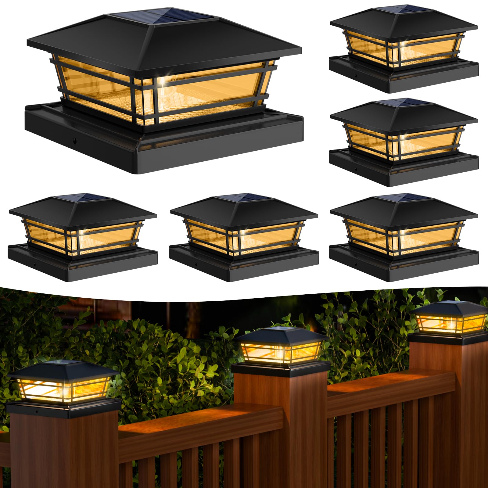 Kipeini Solar Post Cap Lights Outdoor 6 Pack [LED Bulb, 2 Brightness Setting] Fence Post Solar Lights Waterproof for 4x4 5x5 or 