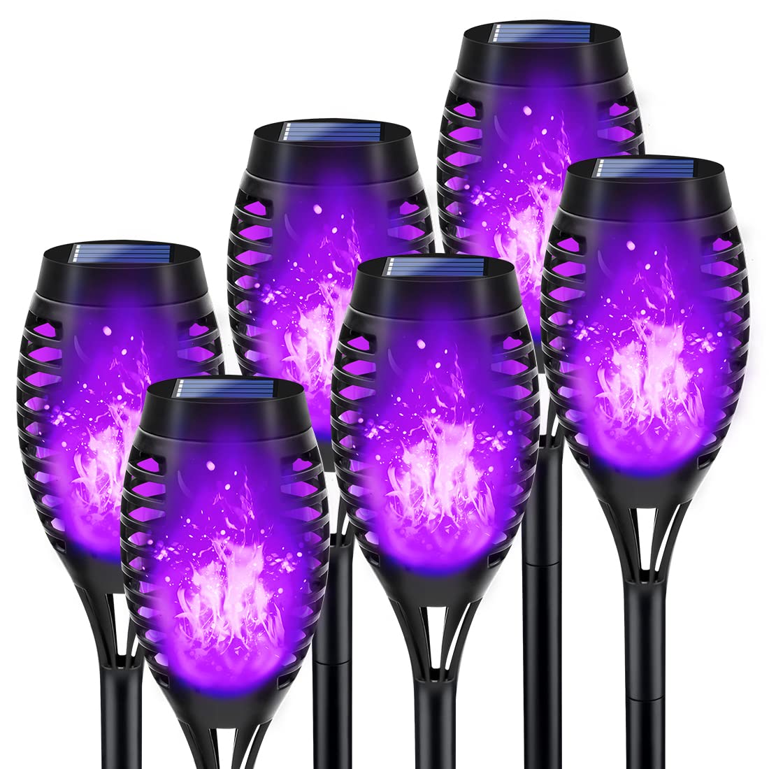 LNRYY Solar Torch Lights, Waterproof LED, Flickering Flame, 6 Pack, Purple Halloween Decorations for Outdoor Yard Pathway