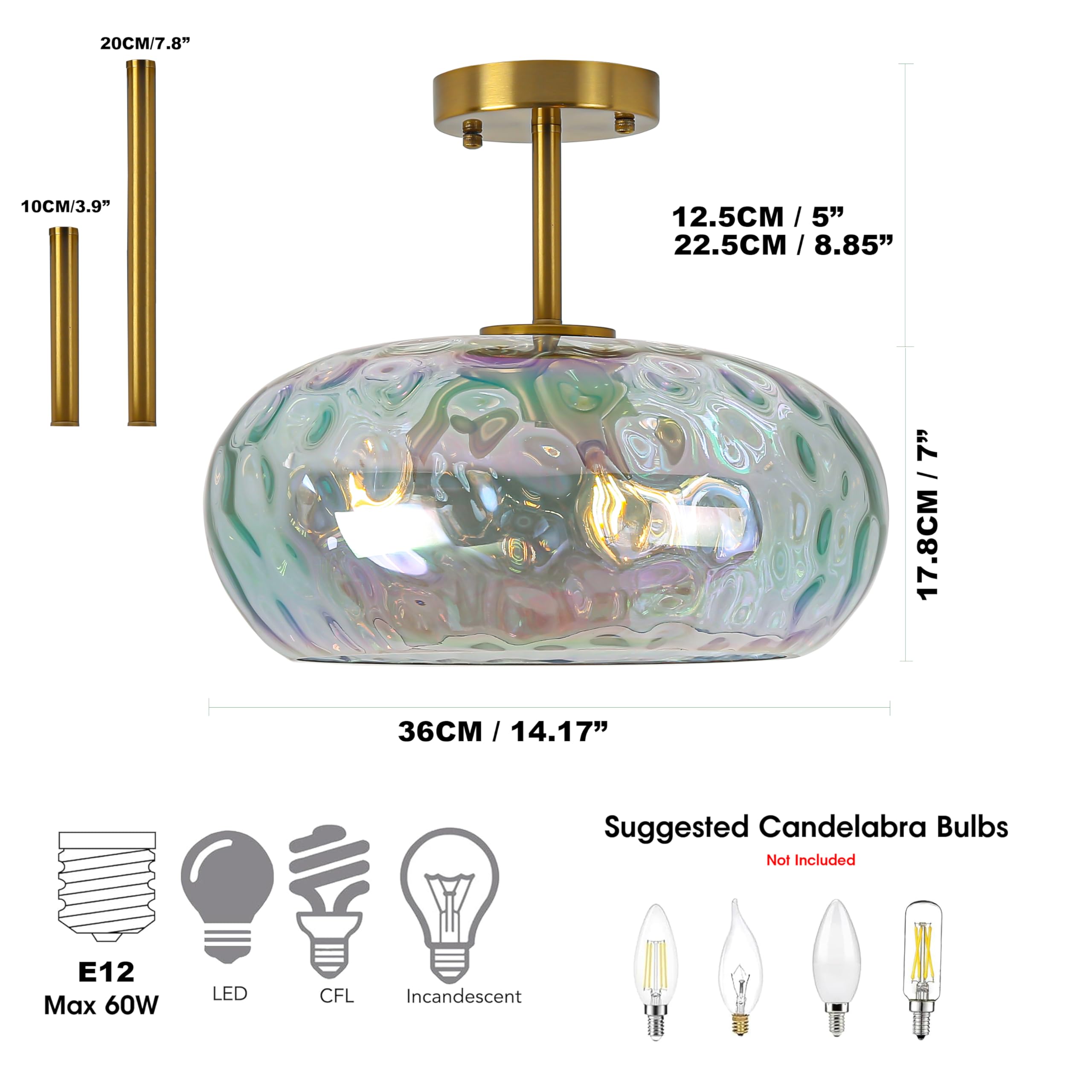 Semi Flush Mount Ceiling Light, 14'' Large 3-Lights Ceiling Light Fixture With Iridescent Hammered Glass Shade, Modern Chandelie