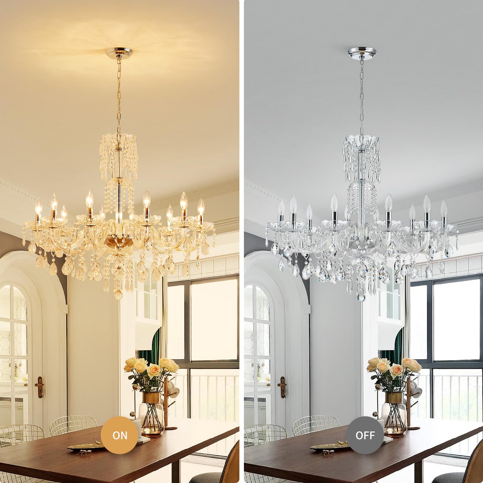 Wuzups 10-Light Crystal Candle Chandelier Pendant Ceiling Light Modern Lighting Fixture For Bedroom Hallway Bar Kitchen Bathroom  H 26.7 W 33.9  E12 Base  Chrome