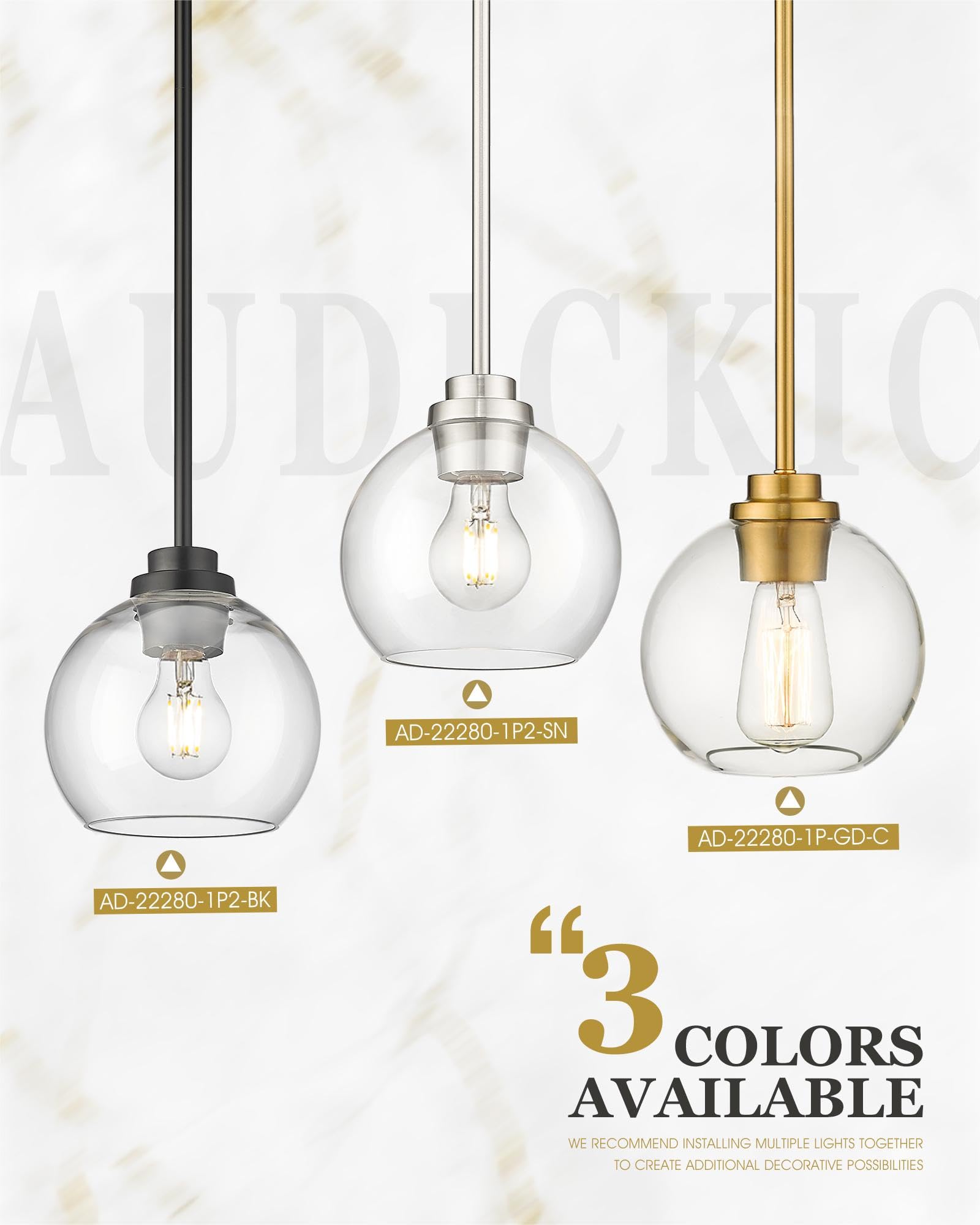 Audickic Modern Gold Pendant Light, Clear Glass Globe Shade, 1 Pack, Model AD-22280-1P-GD-C, Farmhouse Hanging Fixture for Dining Room Entryway