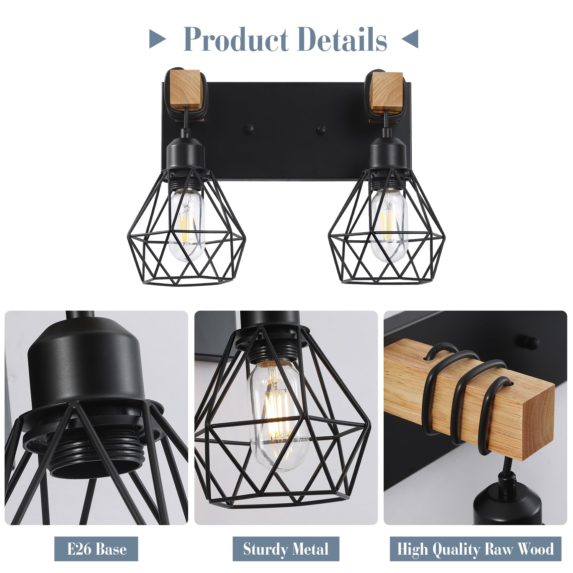 VbiTmn Farmhouse Vanity Light, 2-Light Metal Sconces, Rustic Black, Model VB021-2