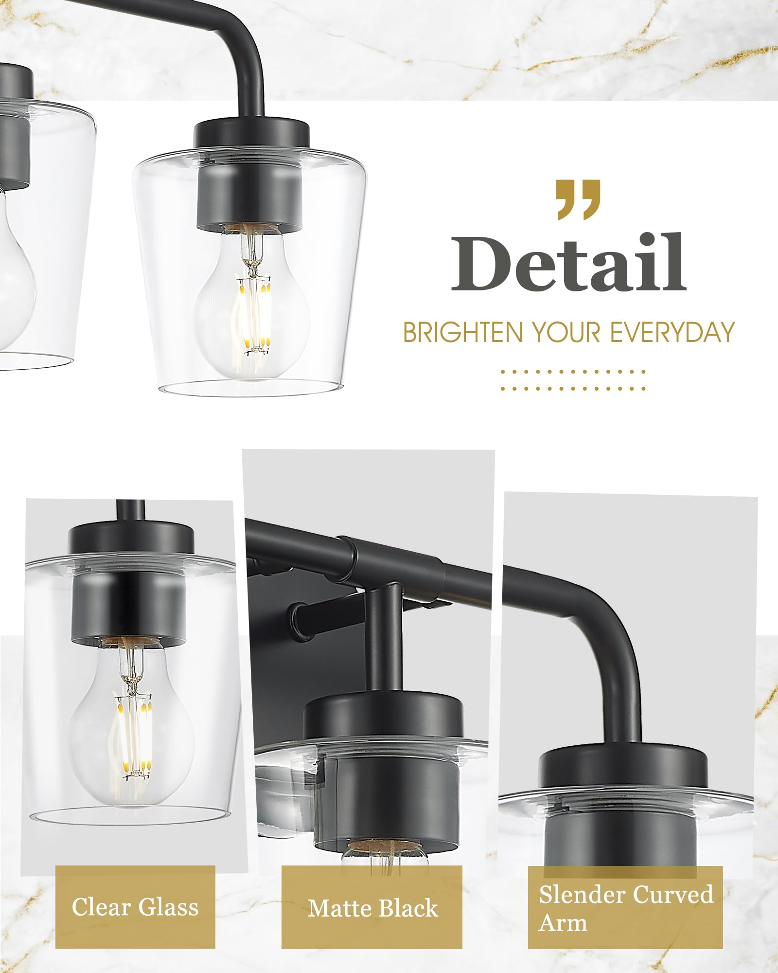 Audickic 3-Light Matte Black Bathroom Vanity Light Fixtures with Clear Glass, Model AD-22004-3W-BK-C